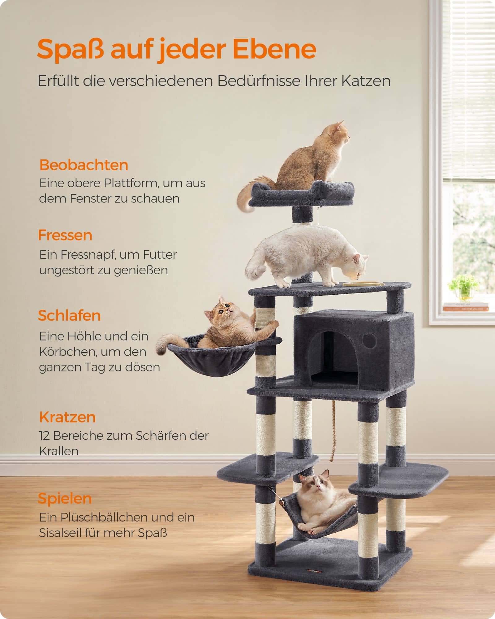 Kratzbaum mit Fressnapf 174 cm Grau-PCT99G Kratzbaum mit Fressnapf 174 cm Grau-PCT99G