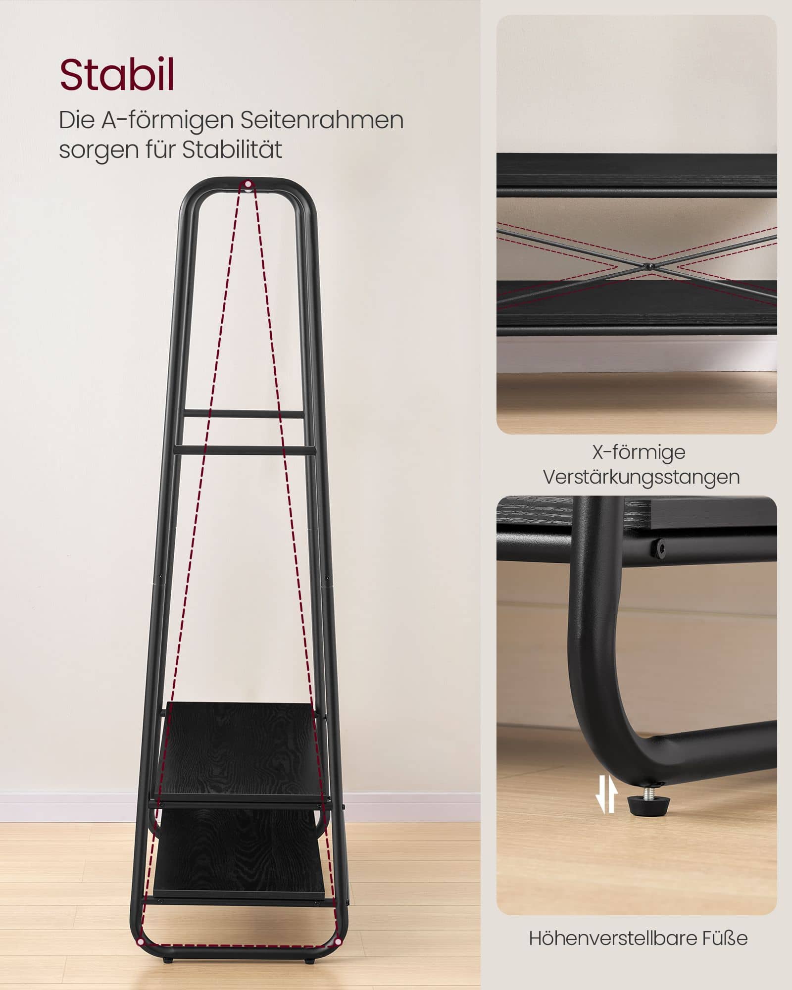 Kleiderständer mit 2 Ablagen ebenholzschwarz-mattschwarz