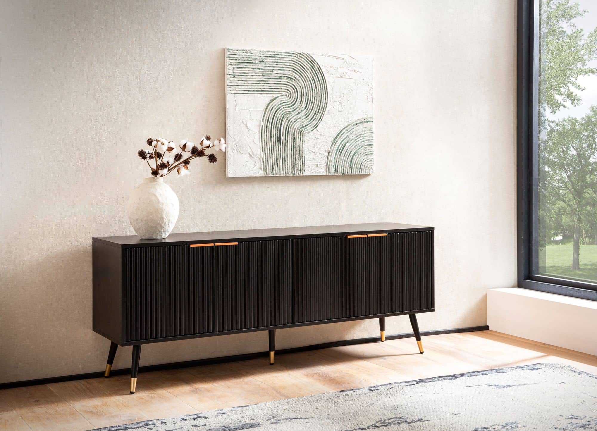 Lowboard Schwarz mit Eiche-Dekor 150x60x39 cm TV-Kommode Modern Lowboard Schwarz mit Eiche-Dekor 150x60x39 cm TV-Kommode Modern