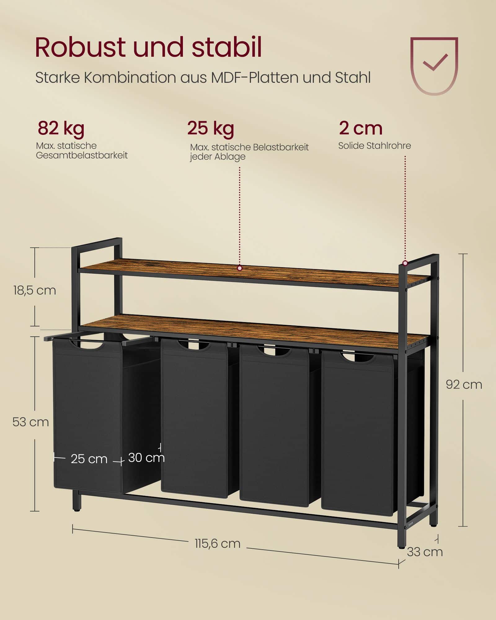 Wäschekorb 4 Fächer mit 2 Ablagen vintagebraun-schwarz Wäschekorb 4 Fächer mit 2 Ablagen vintagebraun-schwarz