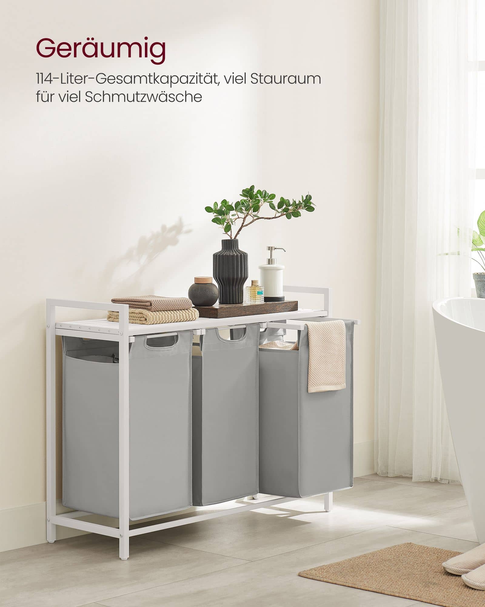 Wäschekorb 3 Fächer, Wäschesammler mit Ablage, Wäschebox