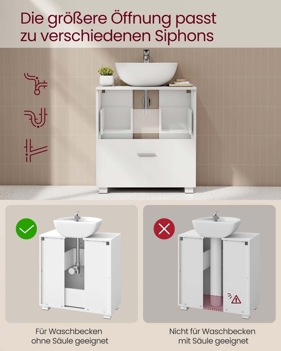 CUSTOS Kollektion - Waschbeckenunterschrank 30 x 60 x 63,8 cm mit 2 großen Schubladen wolkenweiß