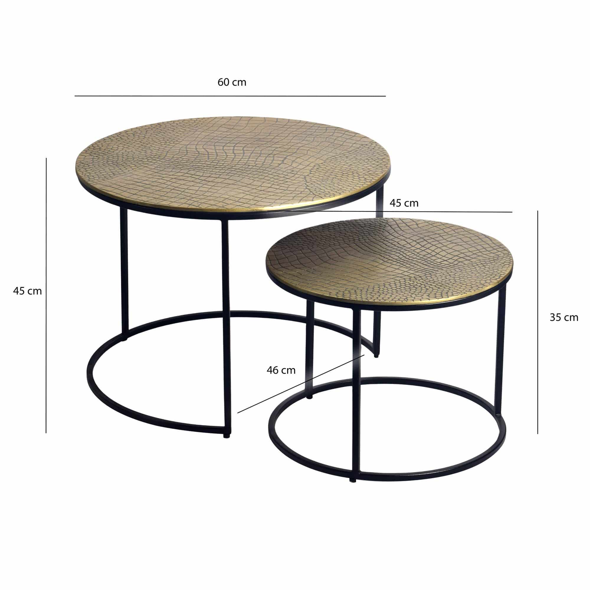 Satztisch Metall 2er Set rund gold - Couchtisch Aluminium Tischplatten mit Muster - Beistelltisch Sofatisch Alu modern - Wohnzimmertisch Eisen Gestell Handmade
