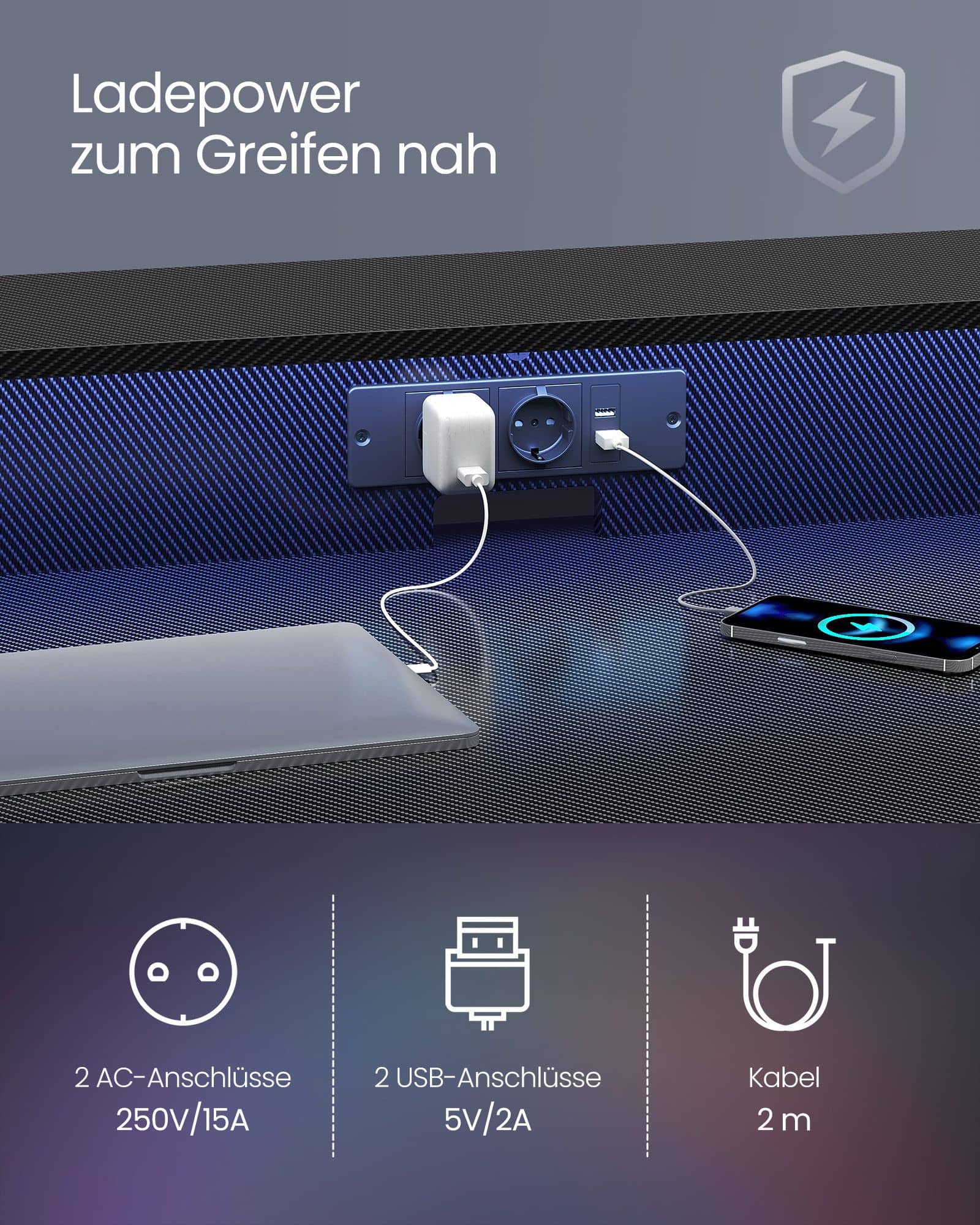 Schreibtisch mit Steckdosenleiste 60 x 120 x 76 cm rußschwarz