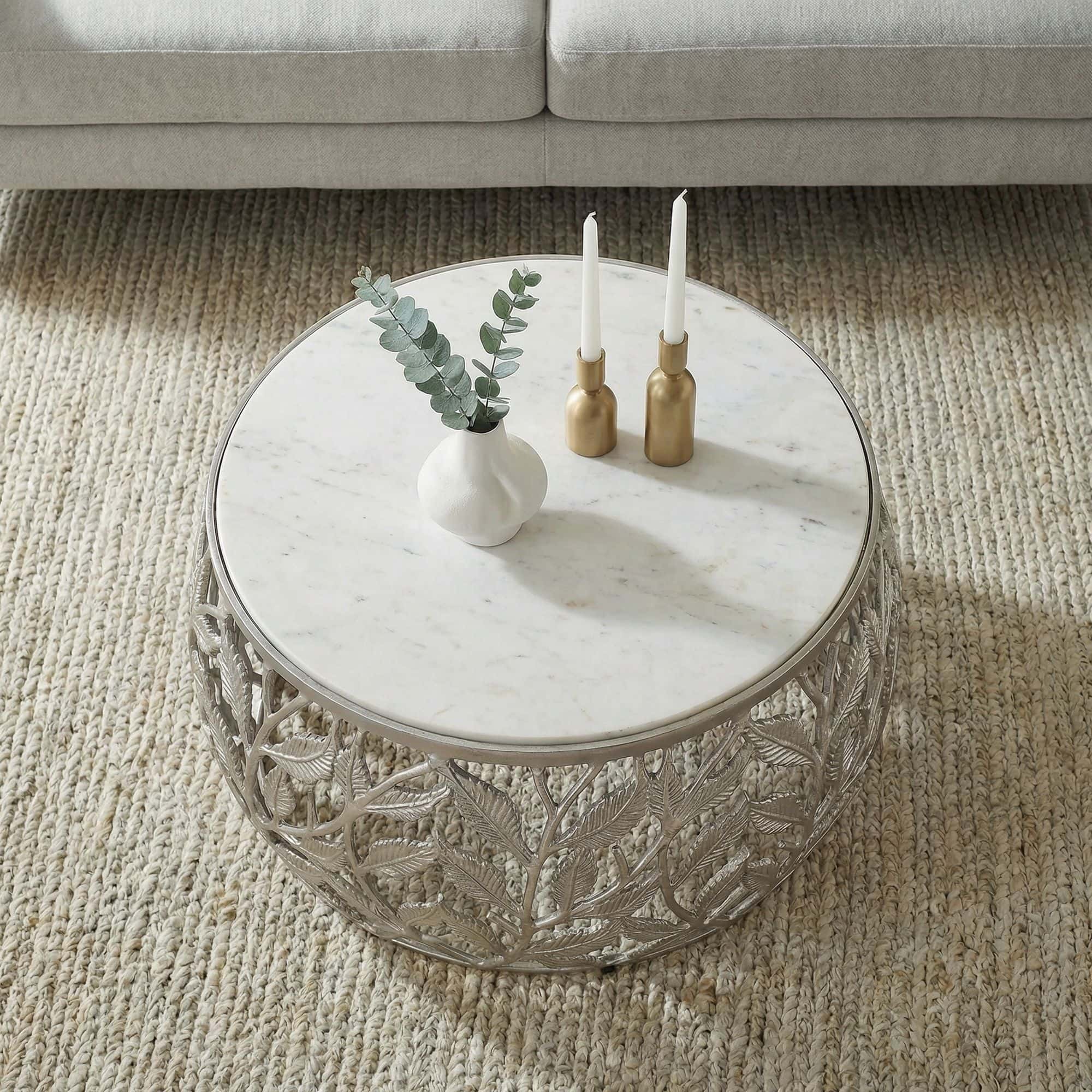 Couchtisch 60cm Silber mit weißer Marmor Tischplatte - Wohnzimmertisch rund - Sofatisch modern - Beistelltisch Aluminium - Design Beistelltisch Wohnzimmer Metallgestell Handmade Couchtisch 60cm Silber mit weißer Marmor Tischplatte - Wohnzimmertisch rund - Sofatisch modern - Beistelltisch Aluminium - Design Beistelltisch Wohnzimmer Metallgestell Handmade