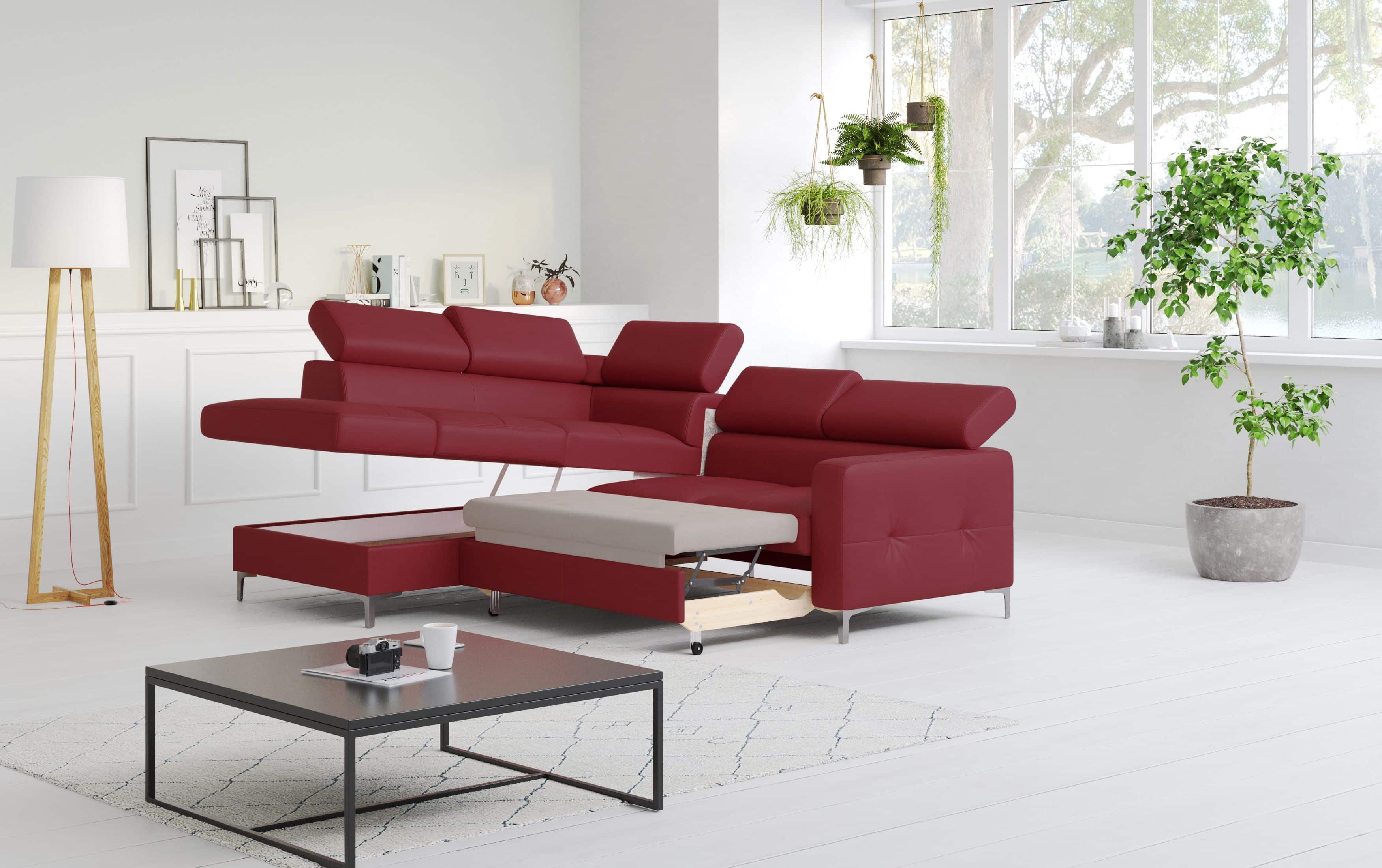 Echtleder Ecksofa Sammy mit Schlaffunktion & Bettkasten in rot - Cotta