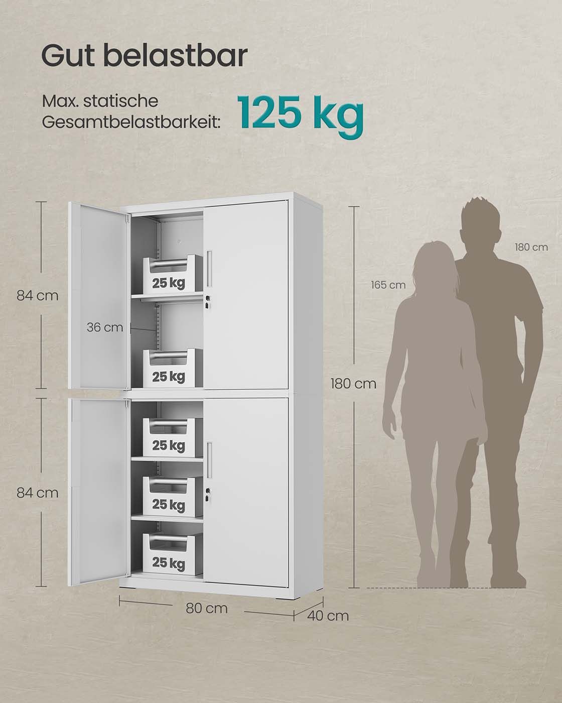 Aktenschrank mit 4 Türen und 5 Ebenen 40 x 80 x 180 cm mattgrau Aktenschrank mit 4 Türen und 5 Ebenen 40 x 80 x 180 cm mattgrau
