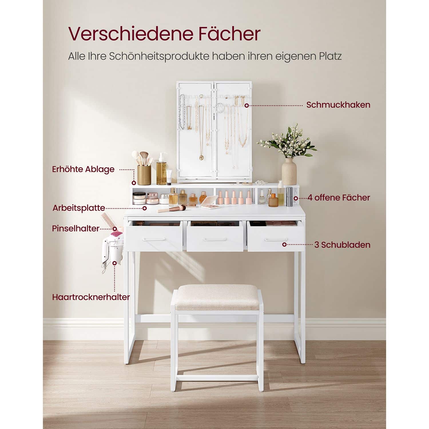 Schminktisch mit Spiegel und Hocker-B34RVT004W14 Schminktisch mit Spiegel und Hocker-B34RVT004W14