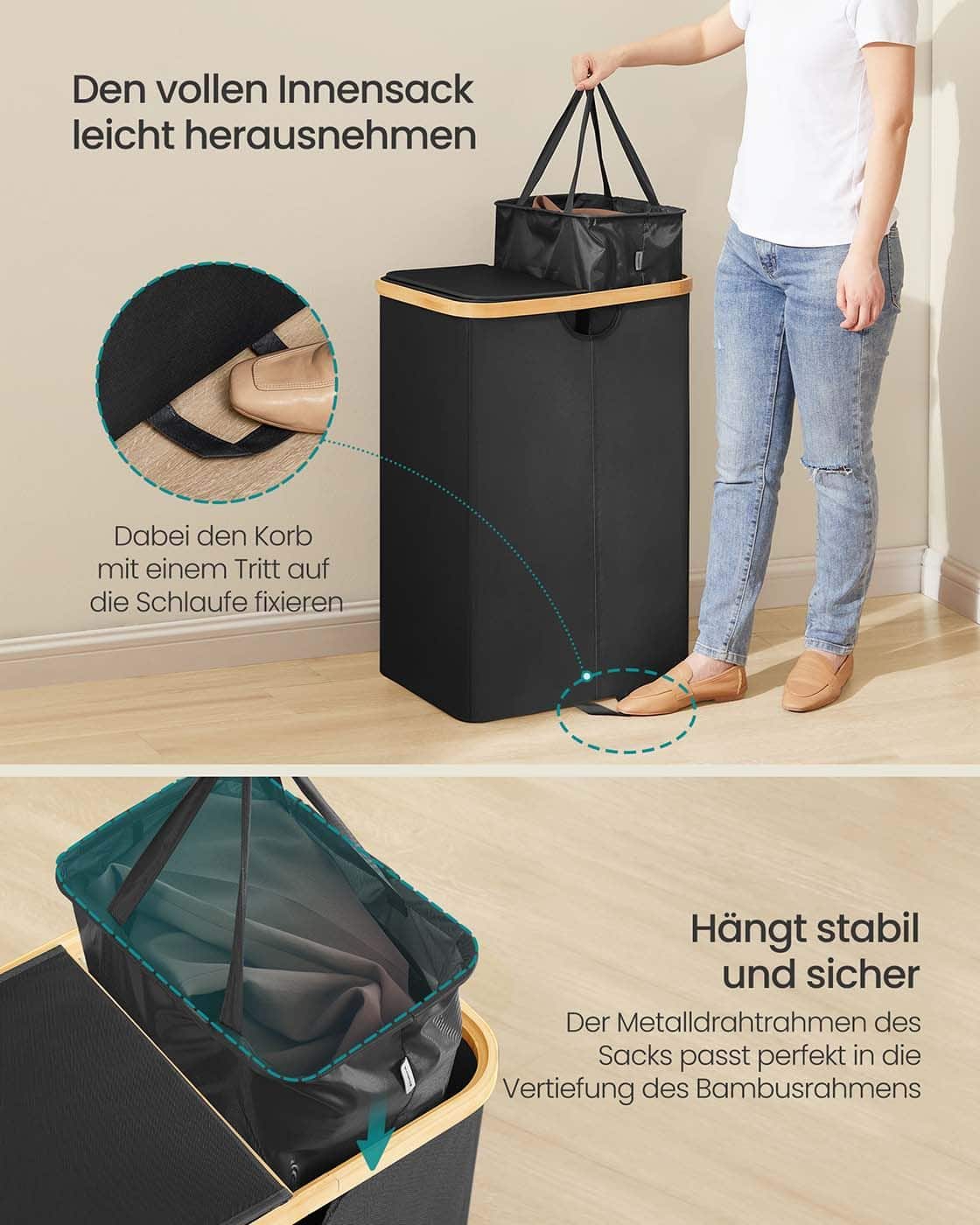 Wäschekorb mit zwei Fächern und Deckel Tintenschwarz und Naturbeige