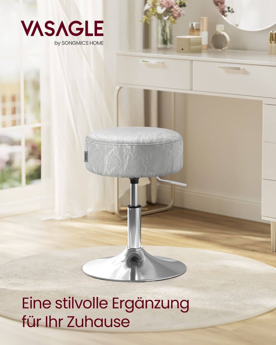 Höhenverstellbarer und 360° drehbarer Schminkhocker Taubengrau Höhenverstellbarer und 360° drehbarer Schminkhocker Taubengrau