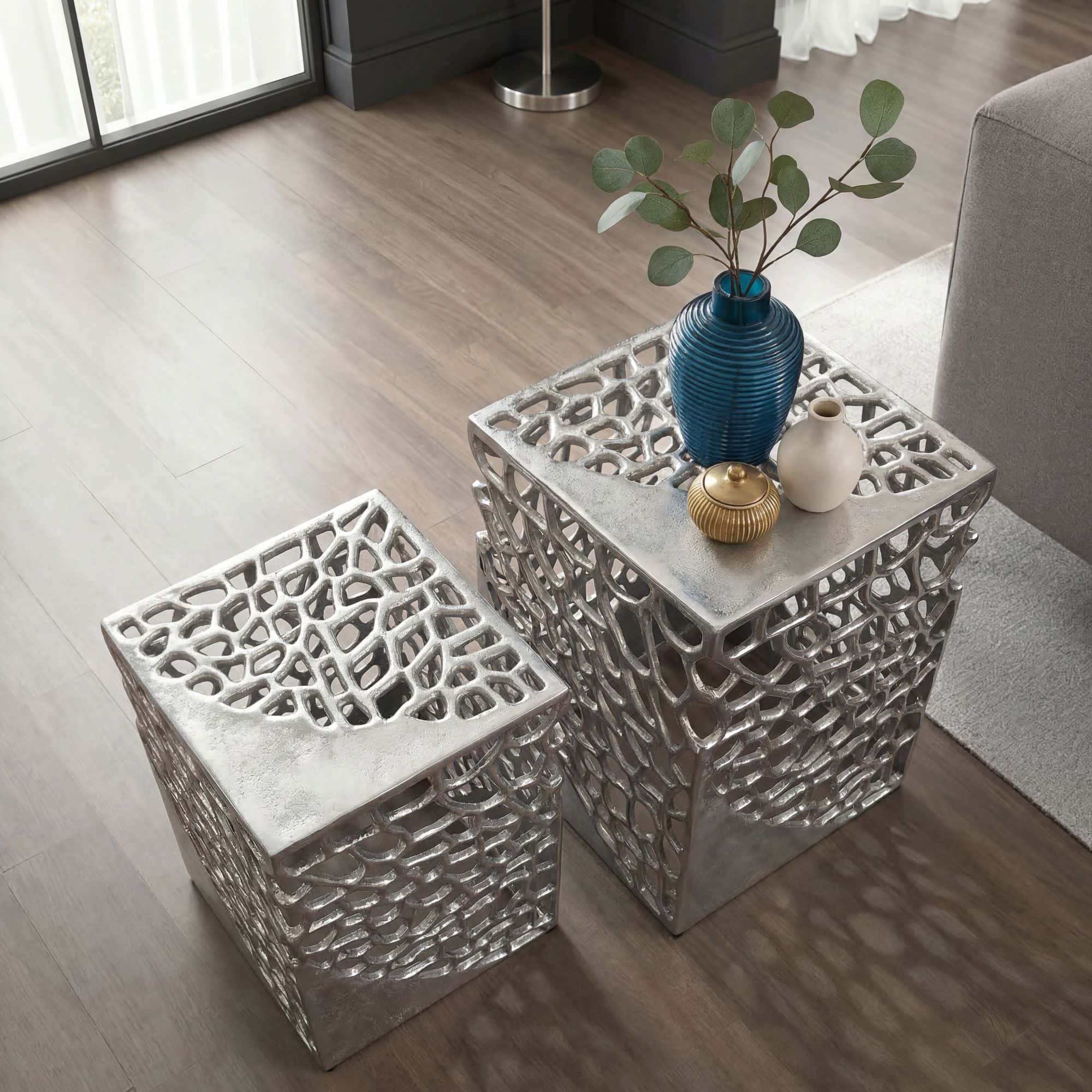 2er Set Beistelltisch Aluminium Silber - Design Couchtisch Set - Metalltisch Wohnzimmertisch modern Alu - Sofatisch quadratisch Metall - Loungetisch Set Satztisch Handmade 2er Set Beistelltisch Aluminium Silber - Design Couchtisch Set - Metalltisch Wohnzimmertisch modern Alu - Sofatisch quadratisch Metall - Loungetisch Set Satztisch Handmade