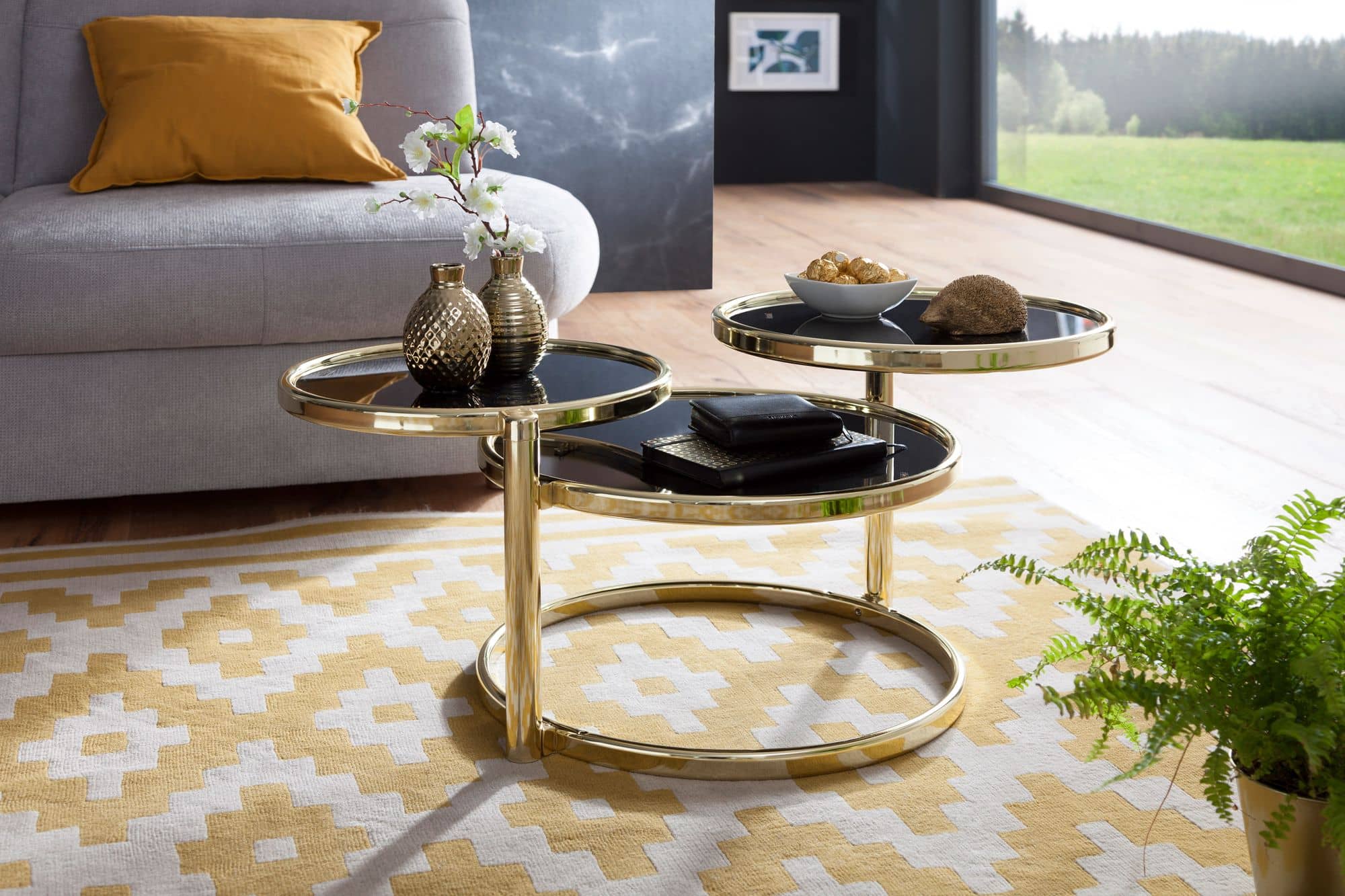 47896-WOHNLING-Couchtisch-SUSI-mit-3-Tischplatten_2 Couchtisch Glas Schwarz Gold – 3 Platten Design Ø 139 cm