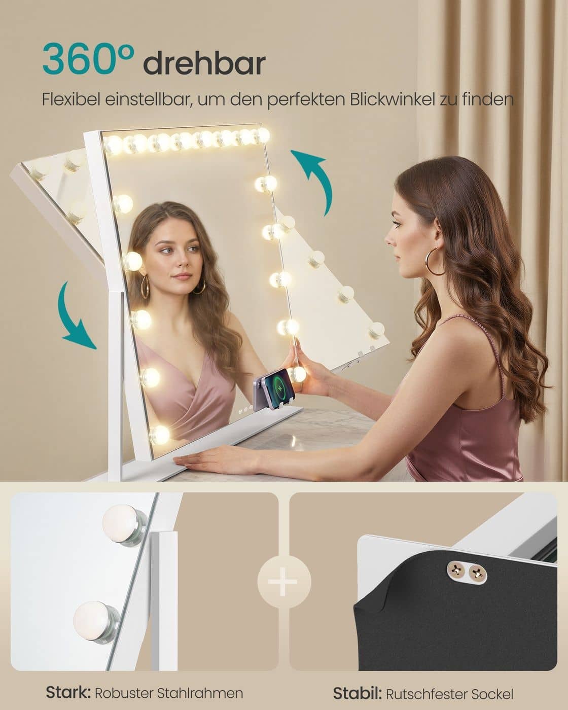 Schminkspiegel mit Beleuchtung und 18 LED-Glühbirnen mattweiß