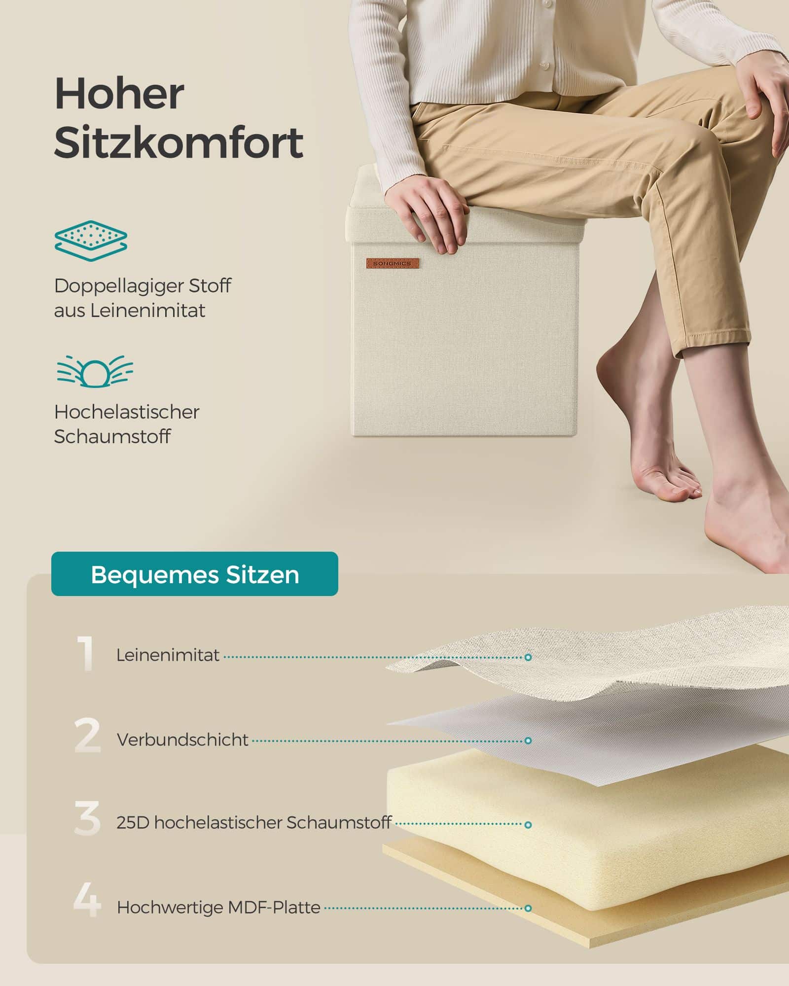 Klappbarer Sitzhocker mit Stauraum 30 x 30 cm cremeweiß