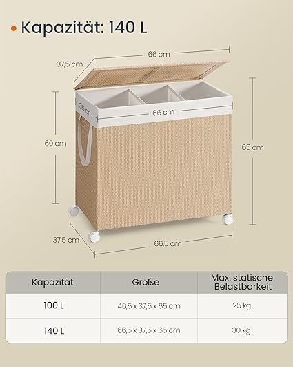 Wäschekorb 140 L mit 3 Fächern und Rollen naturbeige-mattweiß Wäschekorb 140 L mit 3 Fächern und Rollen naturbeige-mattweiß