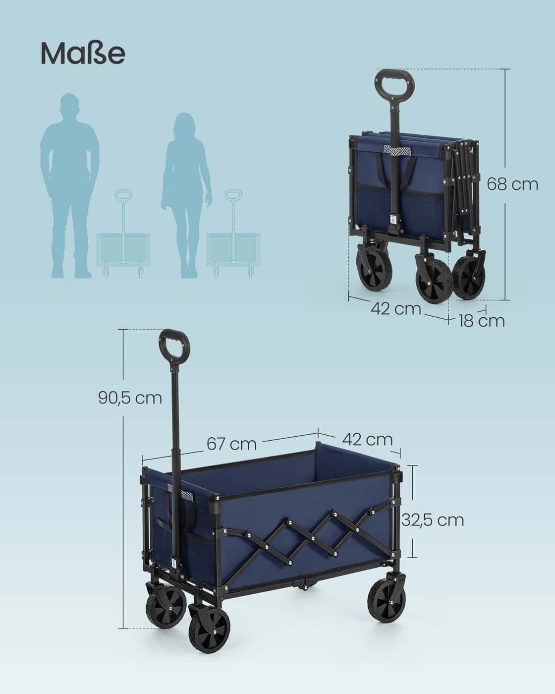 Kleiner Handwagen faltbar mit 4 verstärkten Rollen und Griff Mitternachtsblau