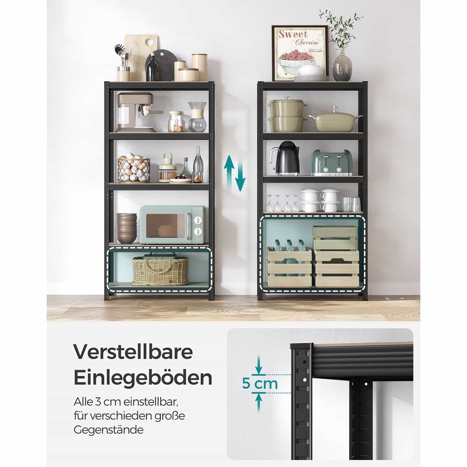 Standregal verstellbar mit 5 Ablagen 40 x 90 x 180 cm Greige-schwarz-B34GLR040B21 Standregal verstellbar mit 5 Ablagen 40 x 90 x 180 cm Greige-schwarz-B34GLR040B21