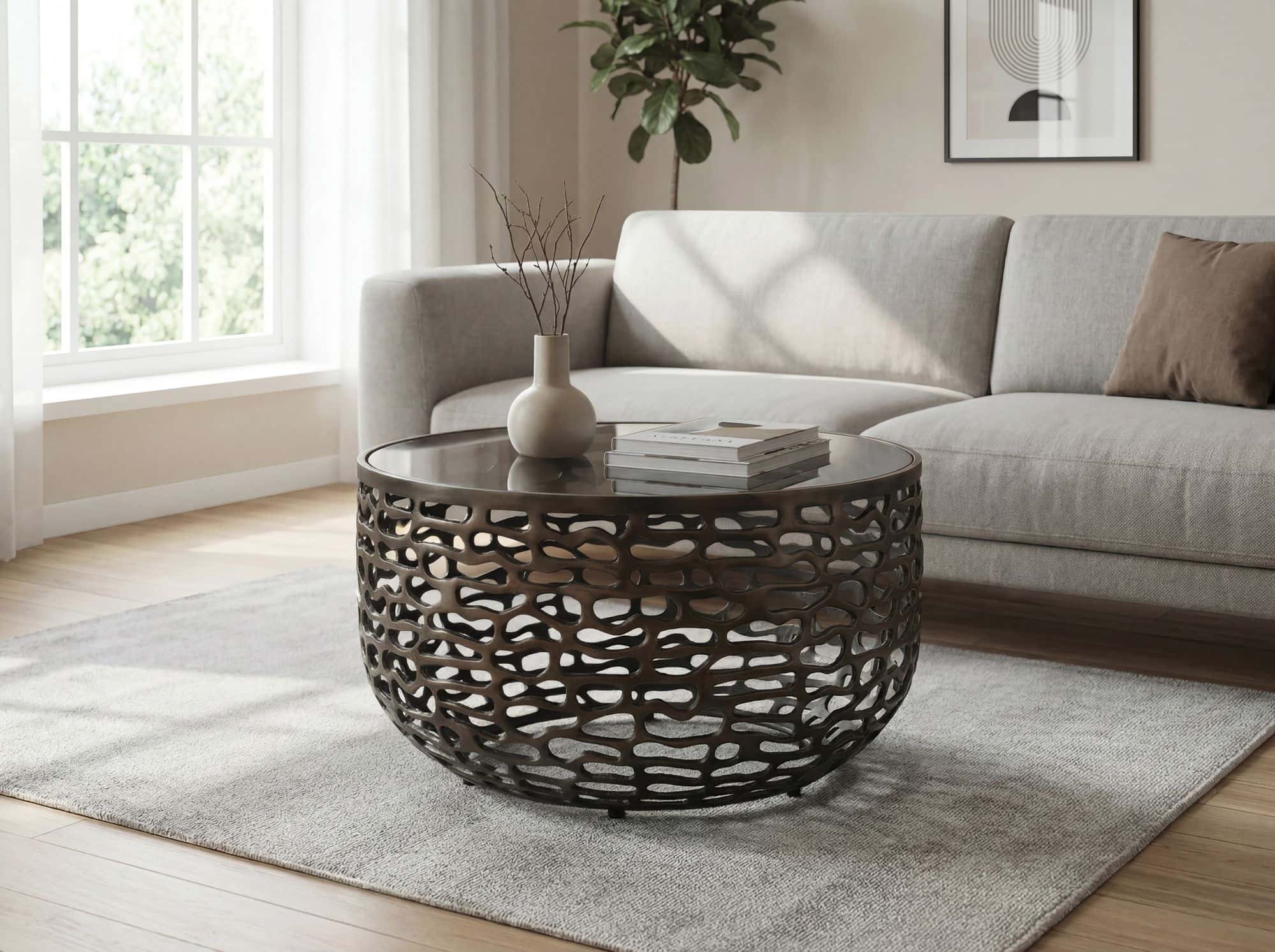 Couchtisch Aluminium Glas 60cm Schwarz - Runder Wohnzimmertisch Metall - Design Sofatisch - Moderner Loungetisch Gitteroptik - Beistelltisch Wohnzimmer Handmade