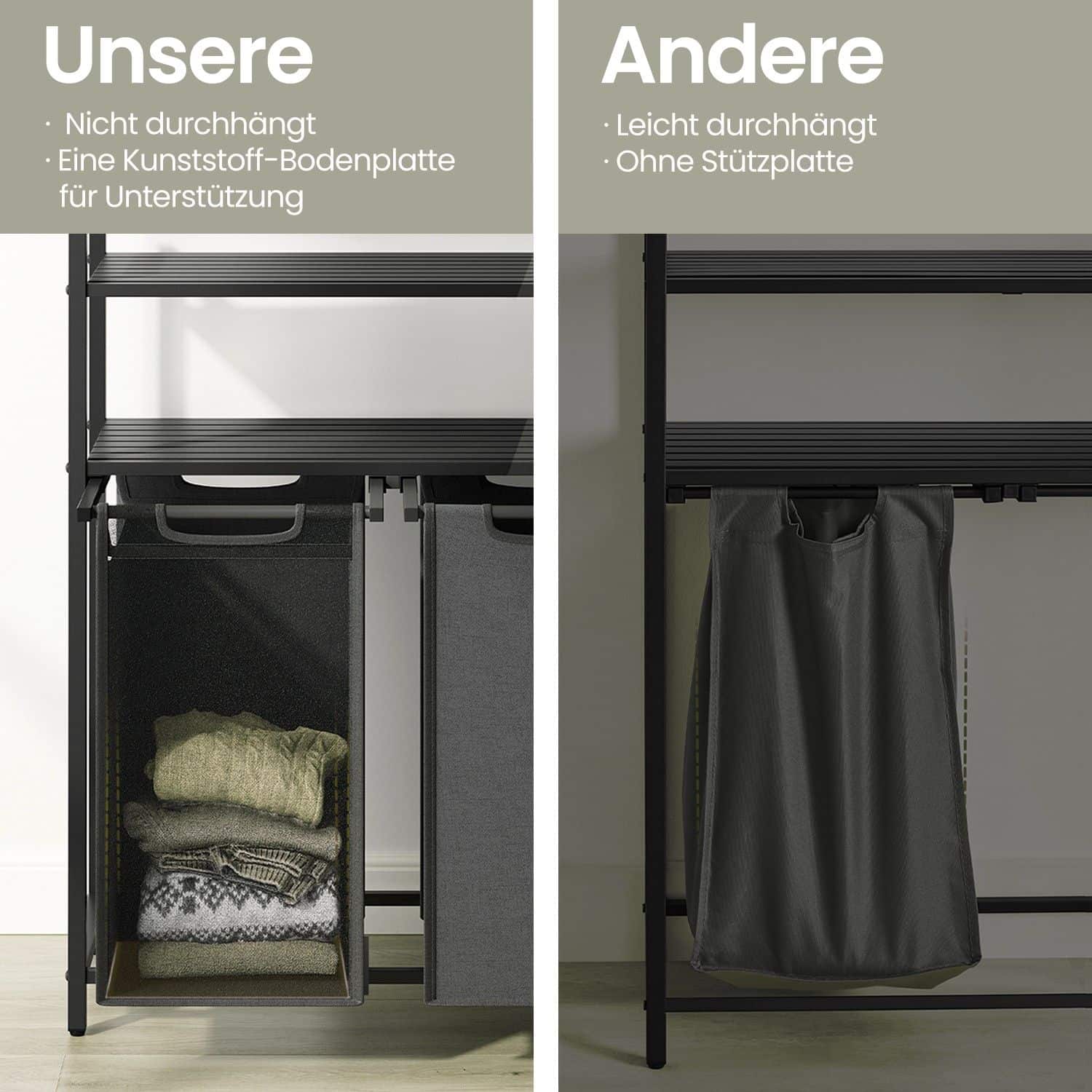 Wäschekorb 2 Fächer, Wäschesammler mit 2 Ablagen, Wäschesack ausziehbar und abnehmbar