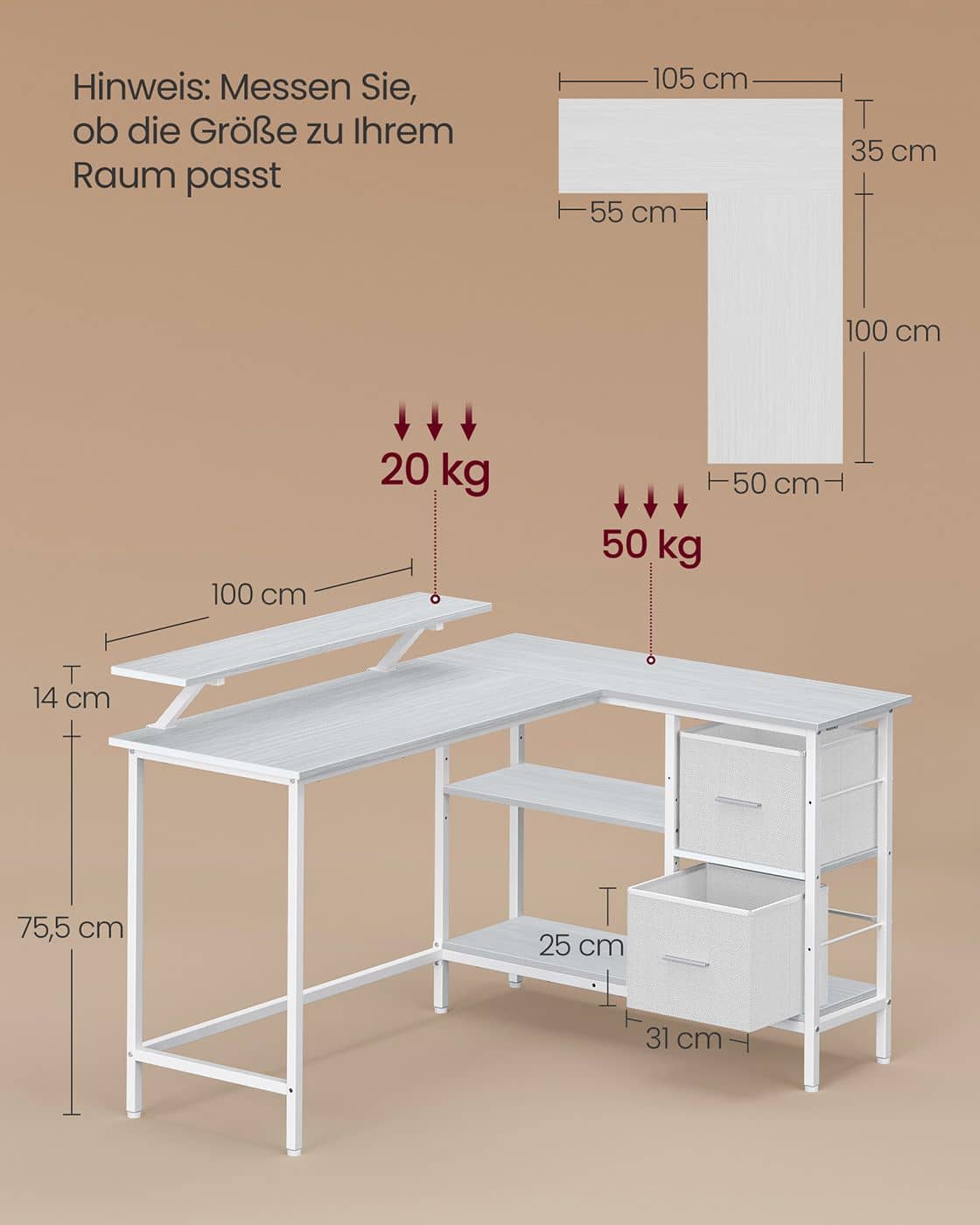 L-förmiger Schreibtisch mit 2 Schubladen und Monitorständer L-förmiger Schreibtisch mit 2 Schubladen und Monitorständer