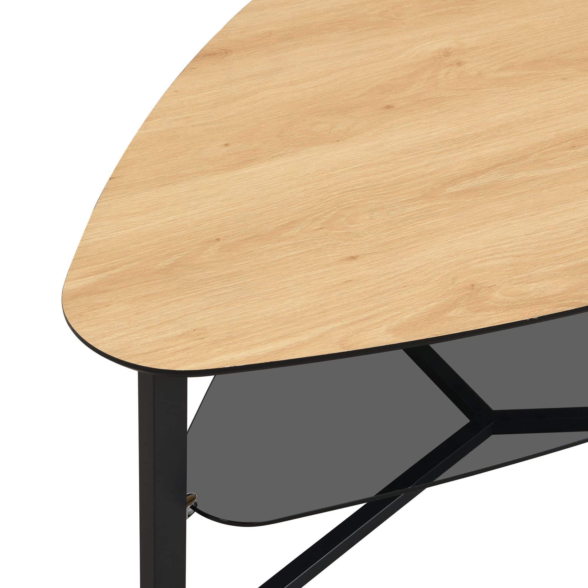 Couchtisch nierenförmig Eiche Optik 110 cm mit Glasablage & Metallgestell Couchtisch nierenförmig Eiche Optik 110 cm mit Glasablage & Metallgestell