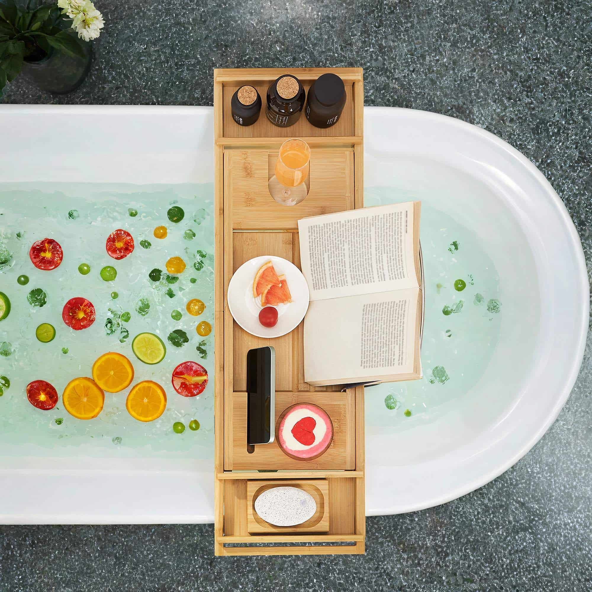 Ausziehbare Badewannenablage aus Bambus verstellbares Badewannenbrett Badewannen Ablagen, mit Getränkehalter, Buchstütze Ausziehbare Badewannenablage aus Bambus verstellbares Badewannenbrett Badewannen Ablagen, mit Getränkehalter, Buchstütze