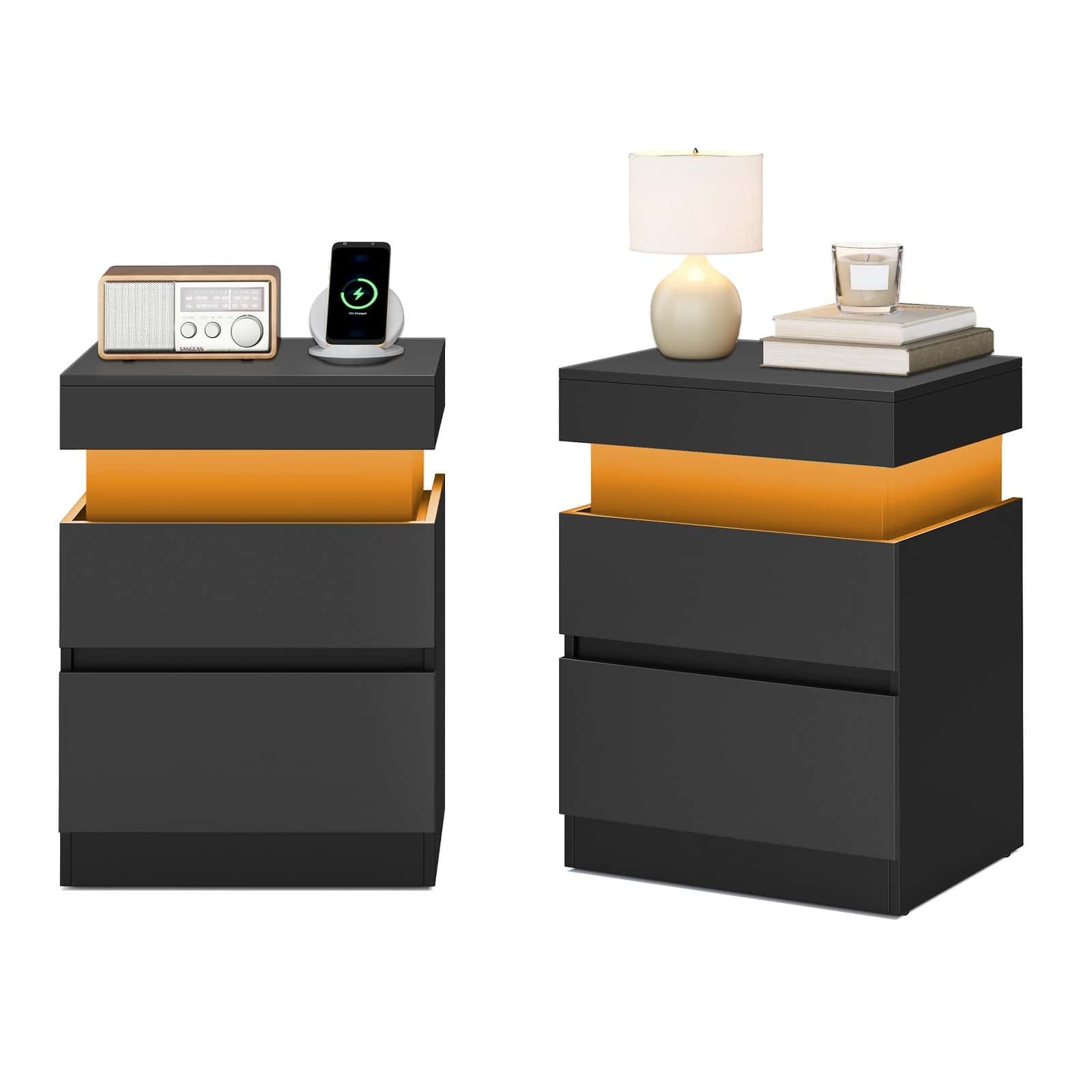 Beistelltisch mit Ladestation, 2er Set, Nachttisch mit Beleuchtung Beistelltisch mit Ladestation, 2er Set, Nachttisch mit Beleuchtung