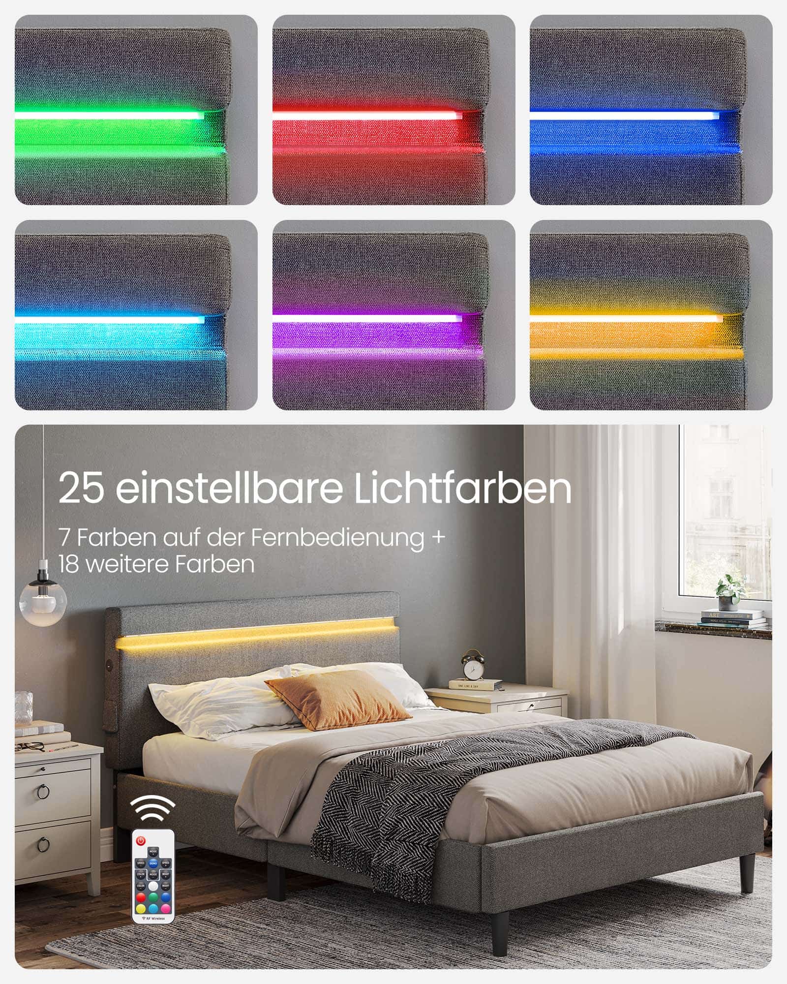 Doppelbett aus Metall 140 x 190 cm LED-Beleuchtung dunkelgrau Doppelbett aus Metall 140 x 190 cm LED-Beleuchtung dunkelgrau