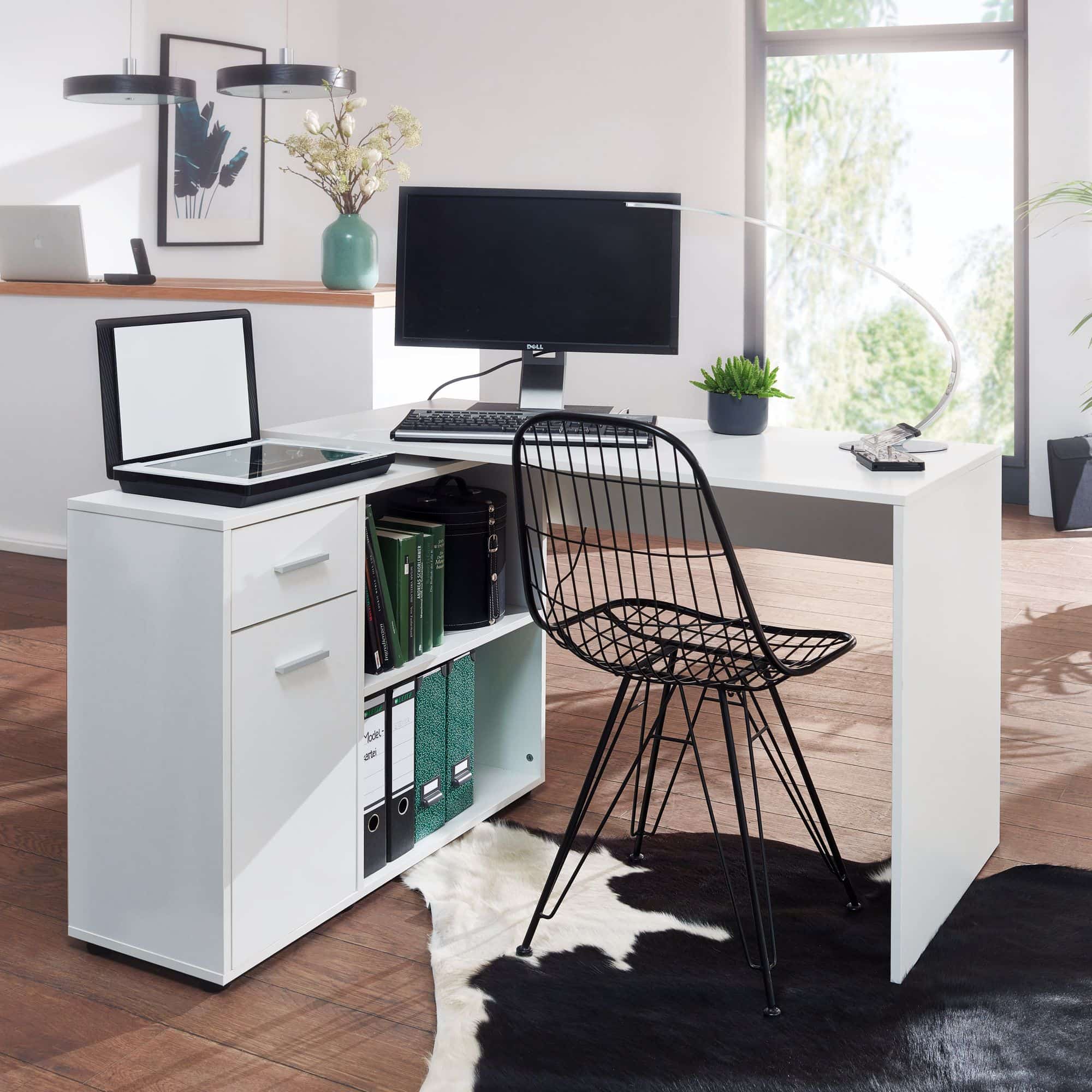 45943-WOHNLING-Design-Schreibtisch-mit-Regal-Eckschreibtisch-Weiss-Moderner-Buerotisch-Computertisch-Arbeitszimmer-Winkelschreibtisch-Home-Office-WL5-305-WL5-305_1 Design Eckschreibtisch mit Regal Weiß 120 x 75,5 x 106,5 cm