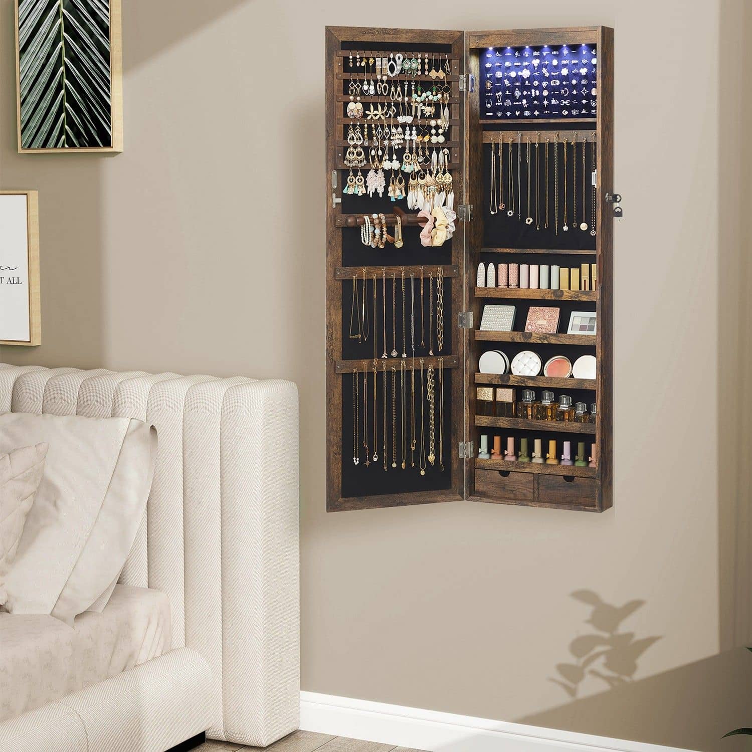 Schmuckschrank hängend, Wandspiegel, 6 LED-Glühbirnen Schmuckschrank hängend, Wandspiegel, 6 LED-Glühbirnen