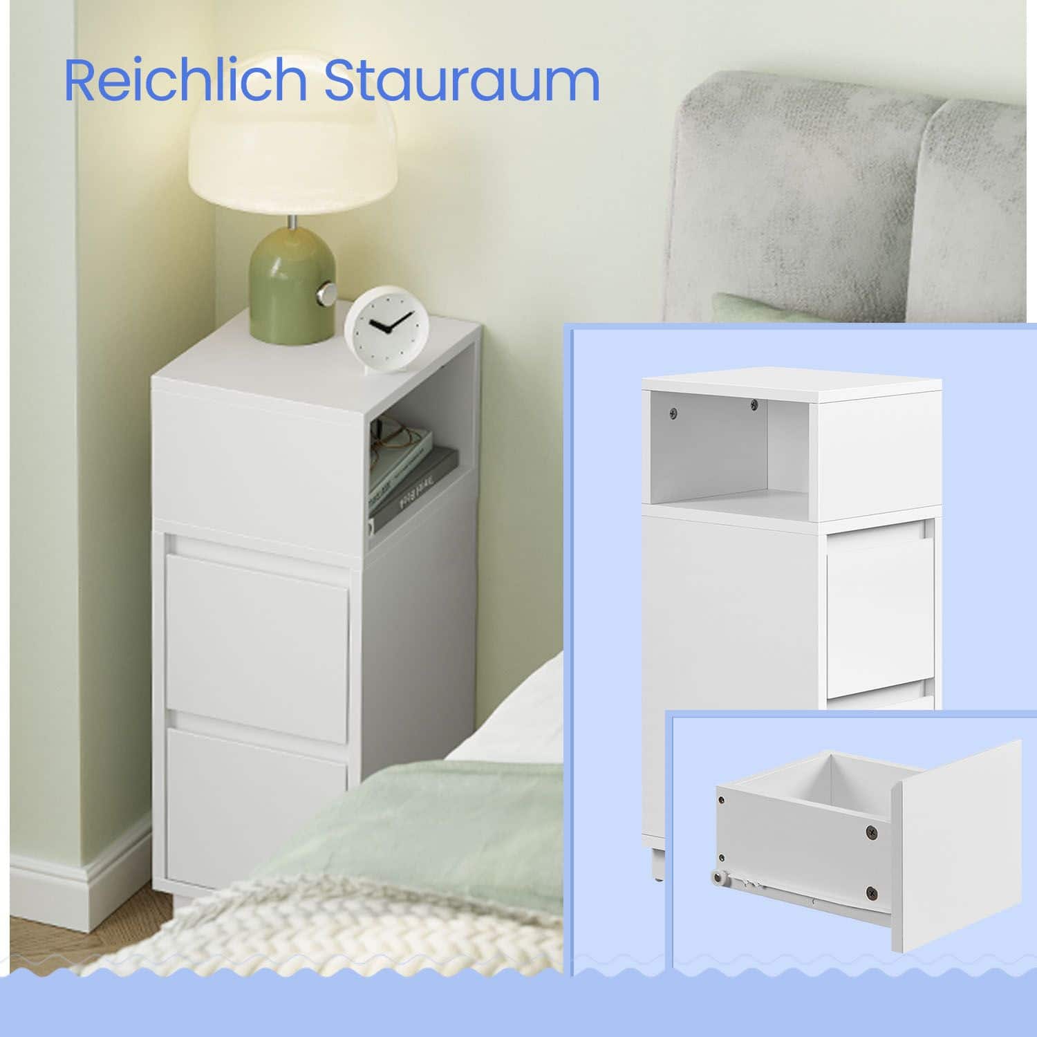 Nachttisch schmal, Beistelltisch mit 2 Schubladen und offenem Fach Nachttisch schmal, Beistelltisch mit 2 Schubladen und offenem Fach