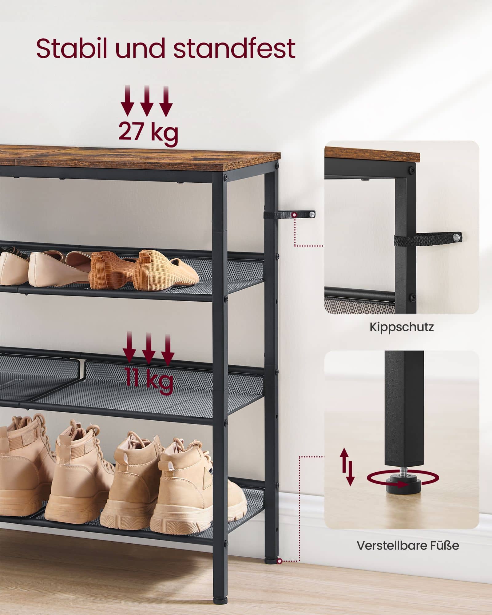 Schuhablage 4 Ebenen mit verstellbaren Gitterablagen-LBS040B01 Schuhablage 4 Ebenen mit verstellbaren Gitterablagen-LBS040B01