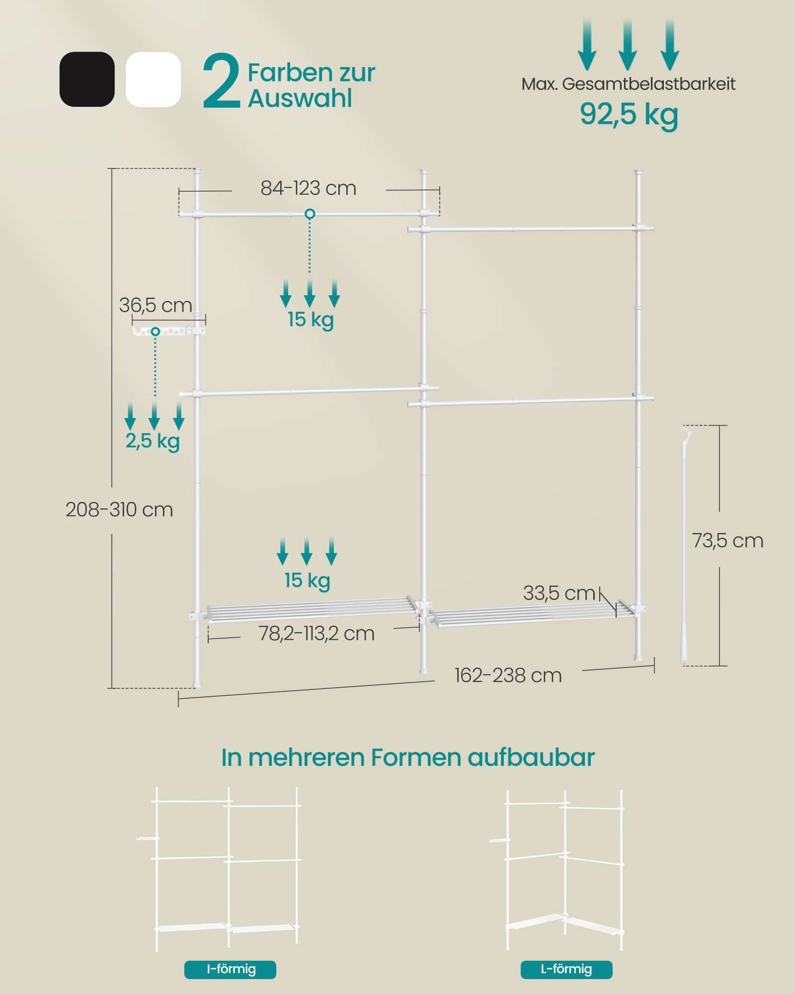 Teleskop-Kleiderstangen mit 4 Stangen und 2 Ablagen mattweiß Teleskop-Kleiderstangen mit 4 Stangen und 2 Ablagen mattweiß