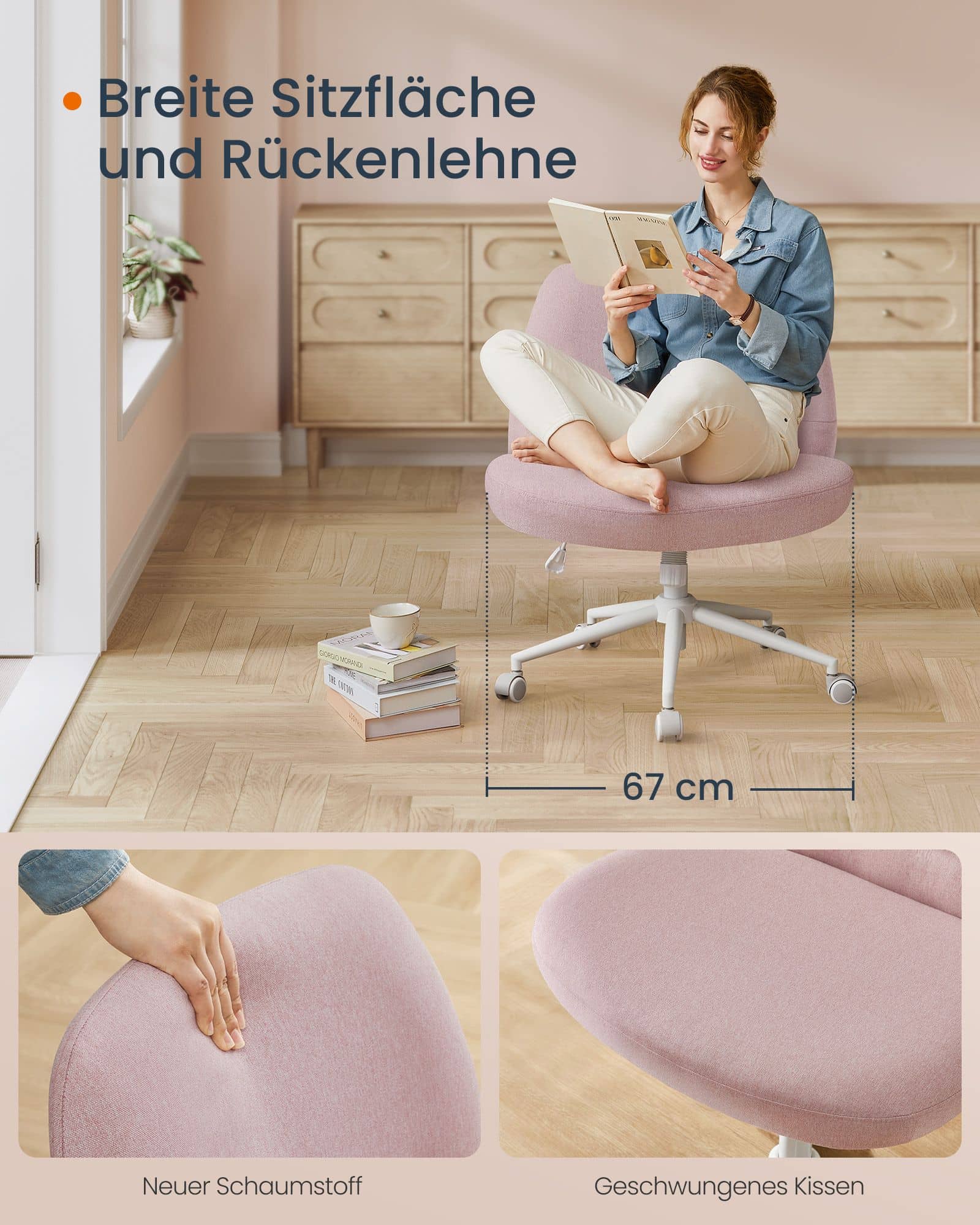 Bürostuhl mit breiter Sitzfläche und Fußkreuz pastellrosa Bürostuhl mit breiter Sitzfläche und Fußkreuz pastellrosa