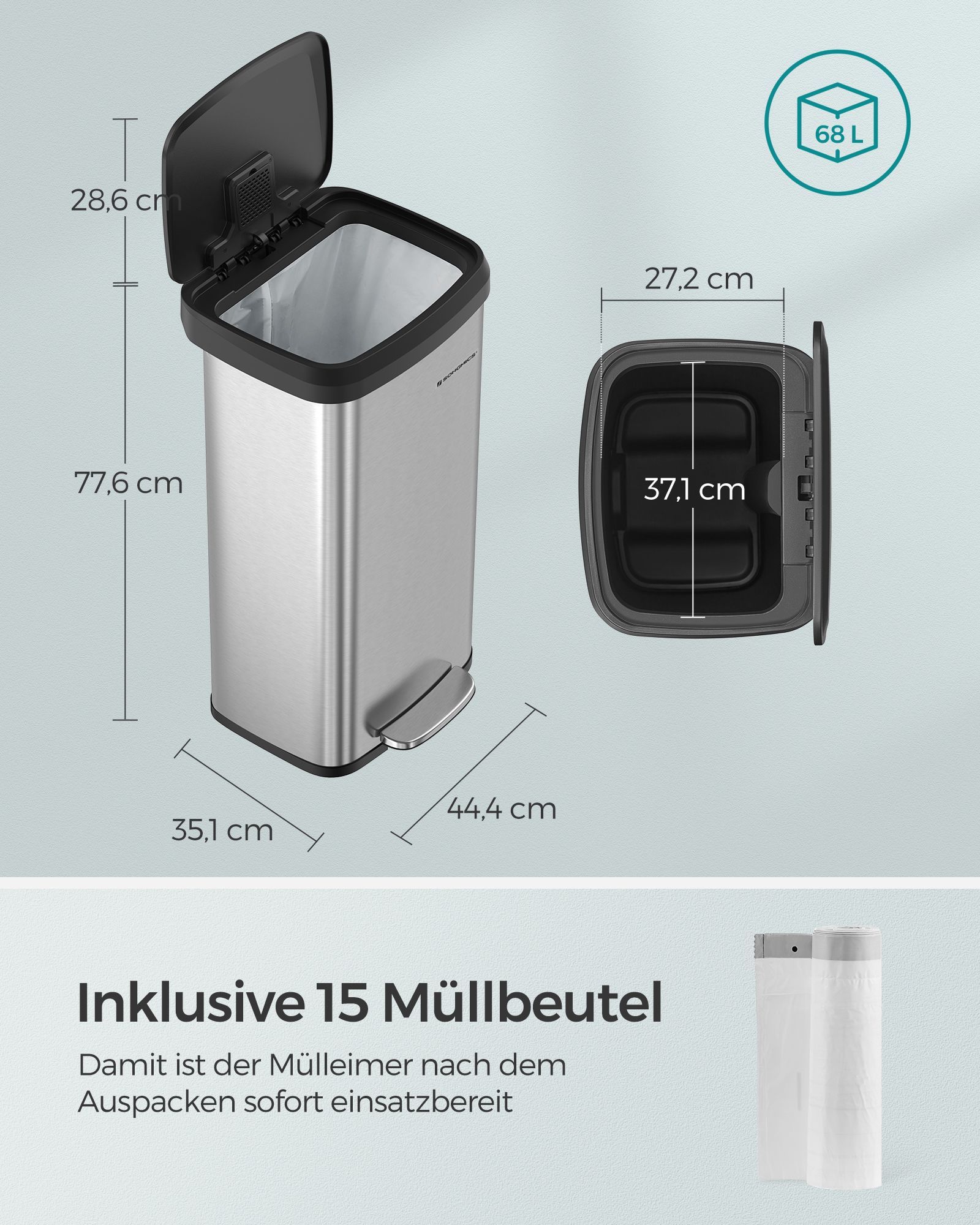 Mülleimer Küche 68 Liter aus Metall mit Deckel silbern-schwarz Mülleimer Küche 68 Liter aus Metall mit Deckel silbern-schwarz