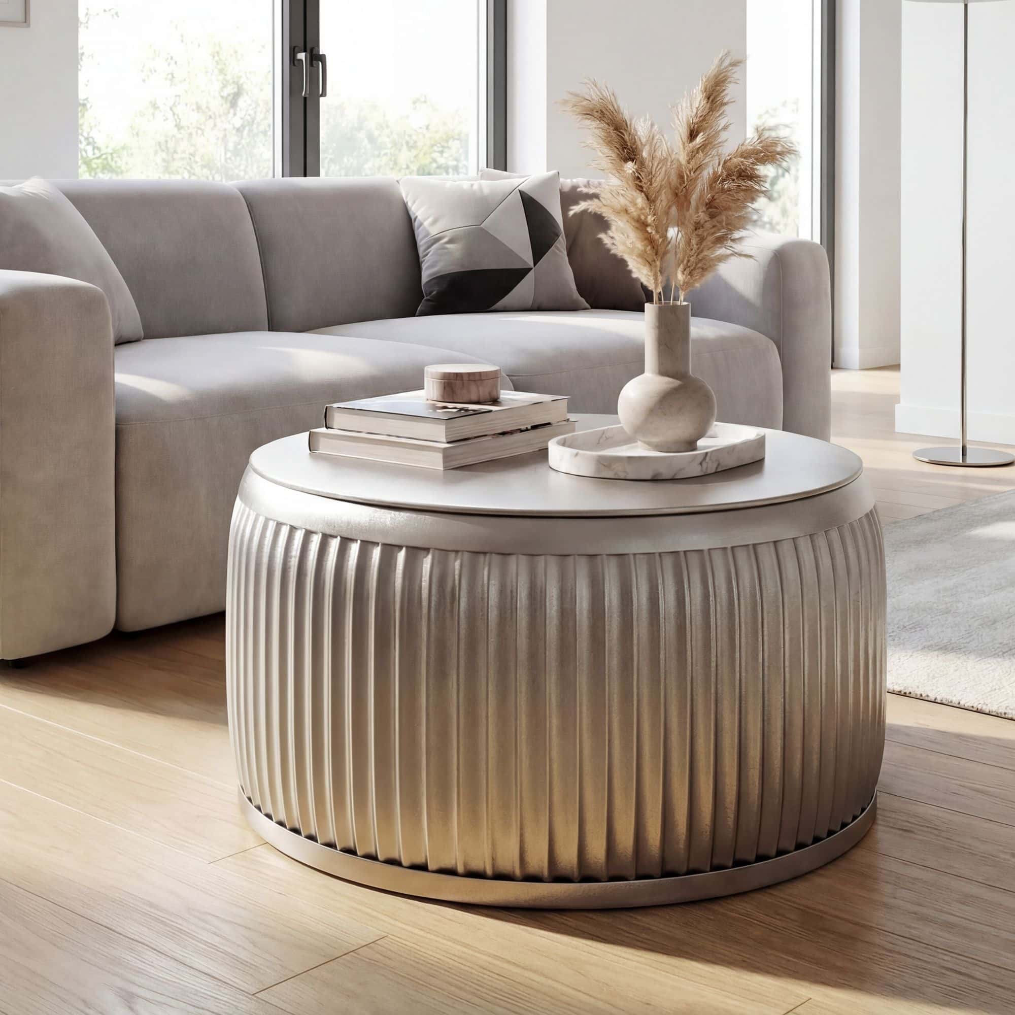 Couchtisch Metall Rund 60cm Silber mit abnehmbarer Tischplatte - Design Wohnzimmertisch mit Stauraum - Extravaganter Loungetisch Metall - Moderner Sofatisch - Beistelltisch Handmade