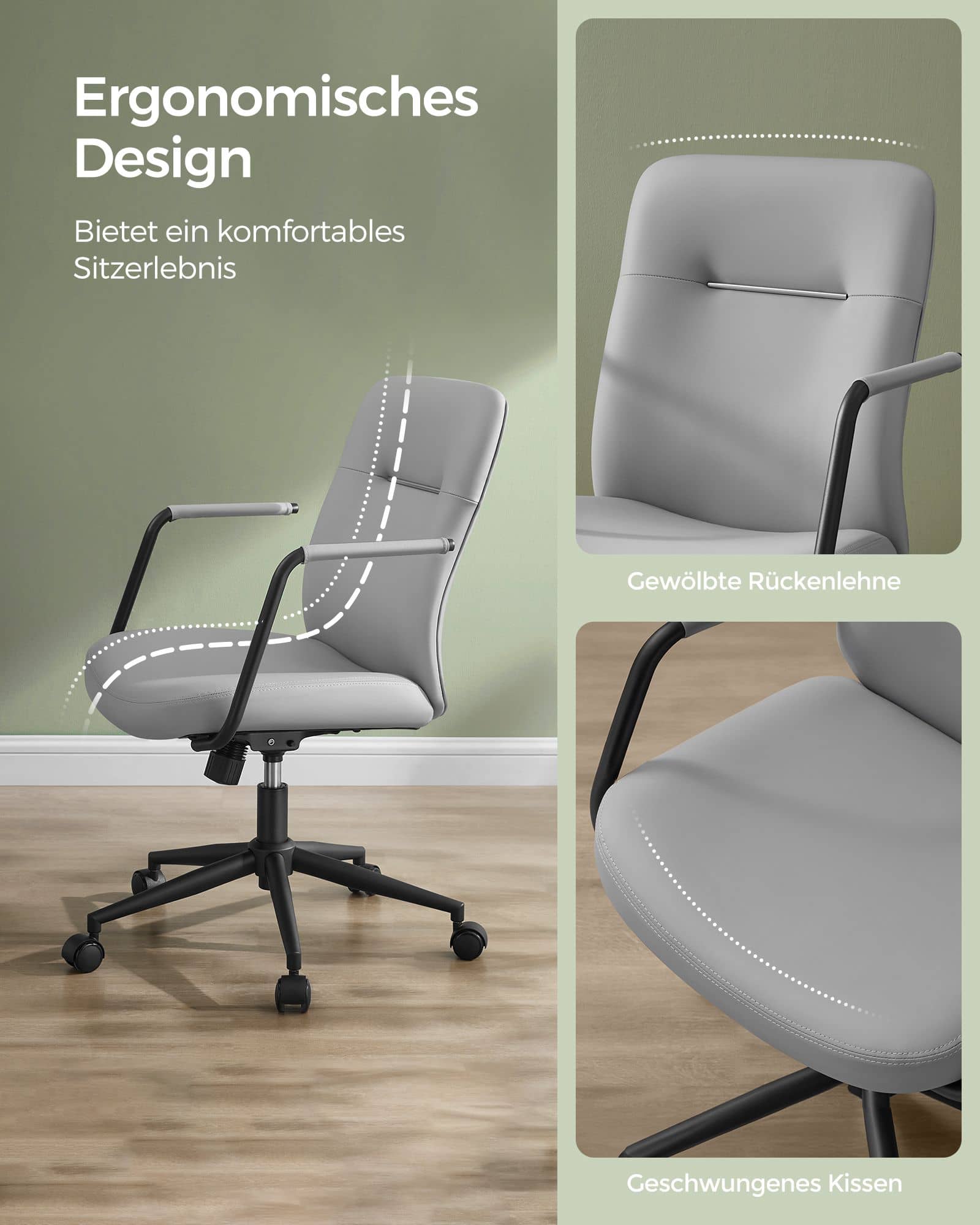 Bürostuhl mit Rückenlehnen und gebogenem Sitz taubengrau