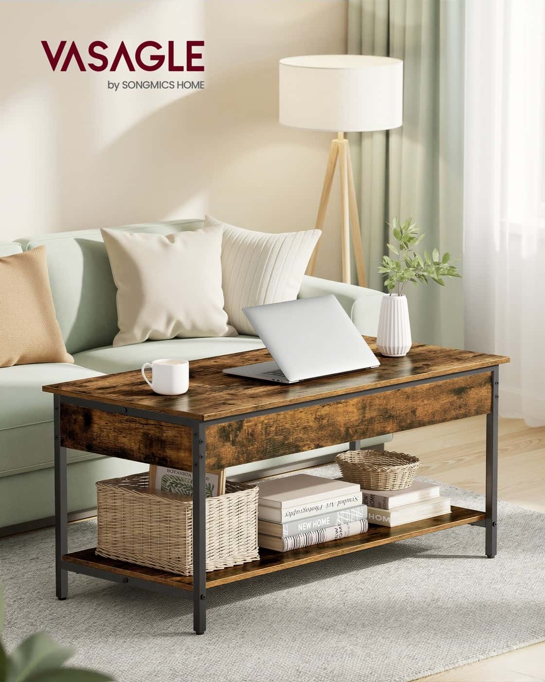 Couchtisch höhenverstellbar 50 × 100 cm mit Fach vintagebraun-tintenschwarz