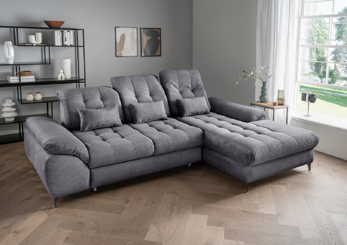 Das Ecksofa Modell Delphino in Cord  – Schlaffunktion und Bettkasten inklusive