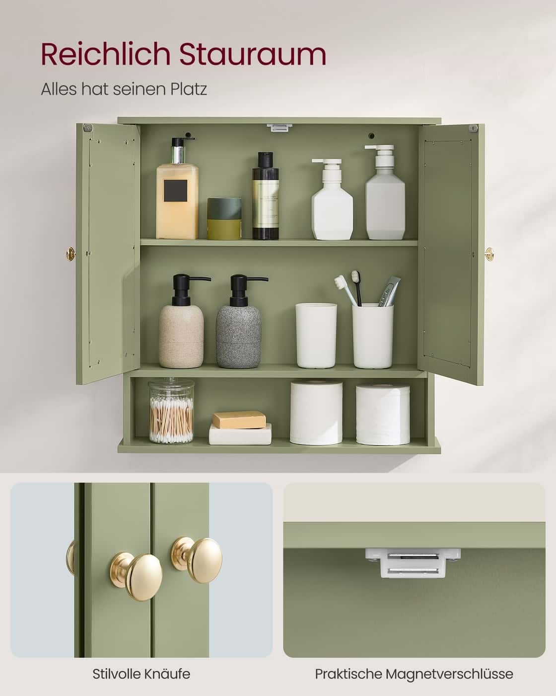 Spiegelschrank mit 2 Spiegeltüren und offenem Fach Wandmontage salbeigrün Spiegelschrank mit 2 Spiegeltüren und offenem Fach Wandmontage salbeigrün