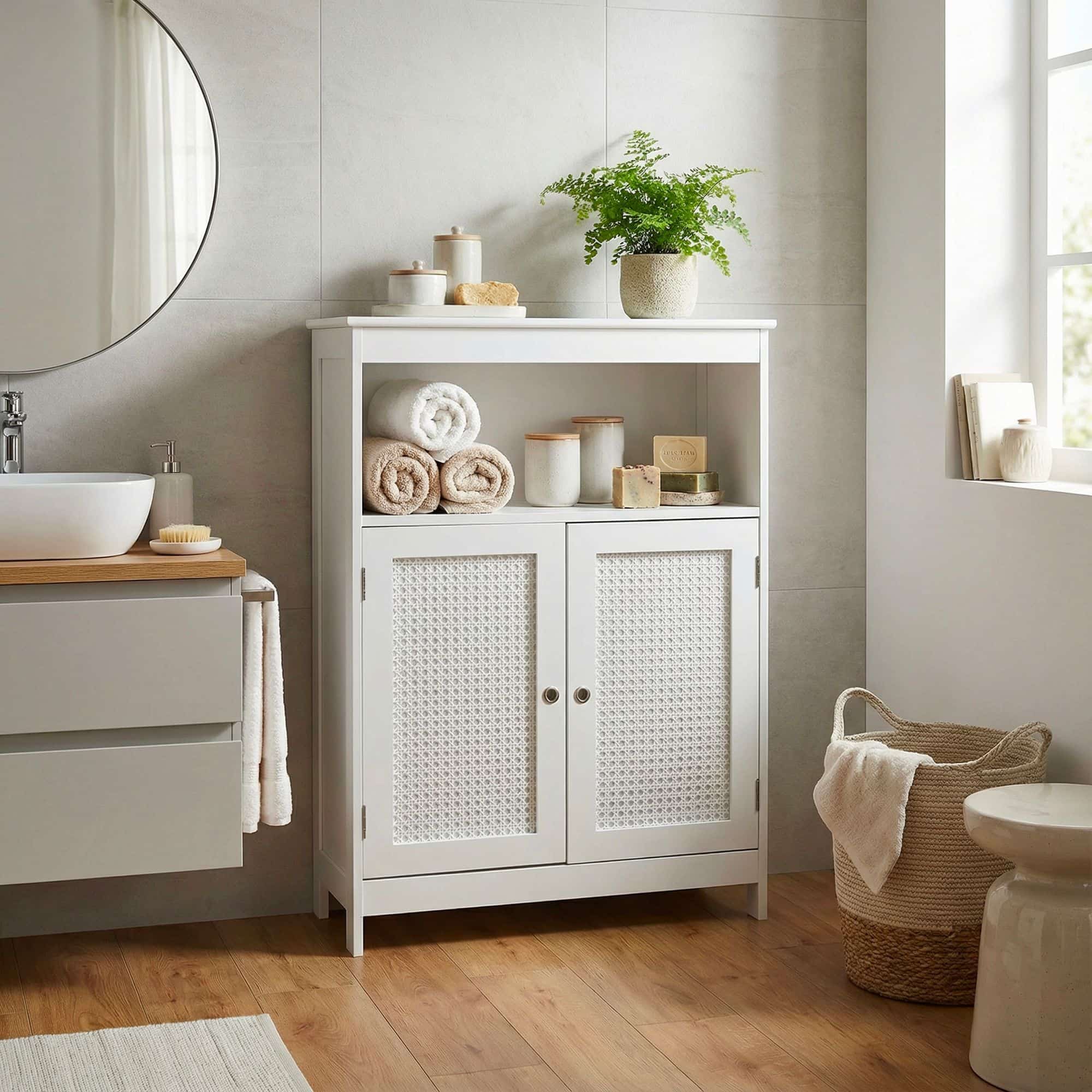 Badschrank 80 x 60 x 28 cm Weiß - Schmaler Badezimmerschrank Türen & Ablage - Aufbewahrungsschrank Wiener Geflecht - Badezimmer Badregal Bad Badezimmerregal