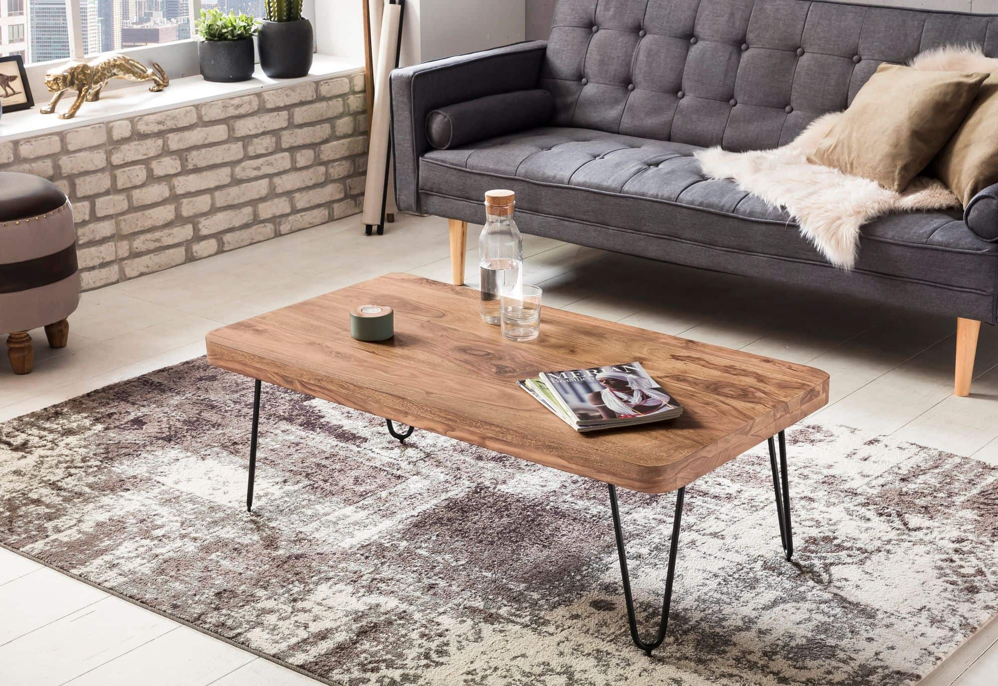 38513-WOHNLING-Couchtisch-BAGLI-Massiv-Holz-Akazi_1 Couchtisch BAGLI Massiv-Holz Akazie 115 cm breit Wohnzimmer-Tisch Design Metallbeine Landhaus-Stil Beistelltisch