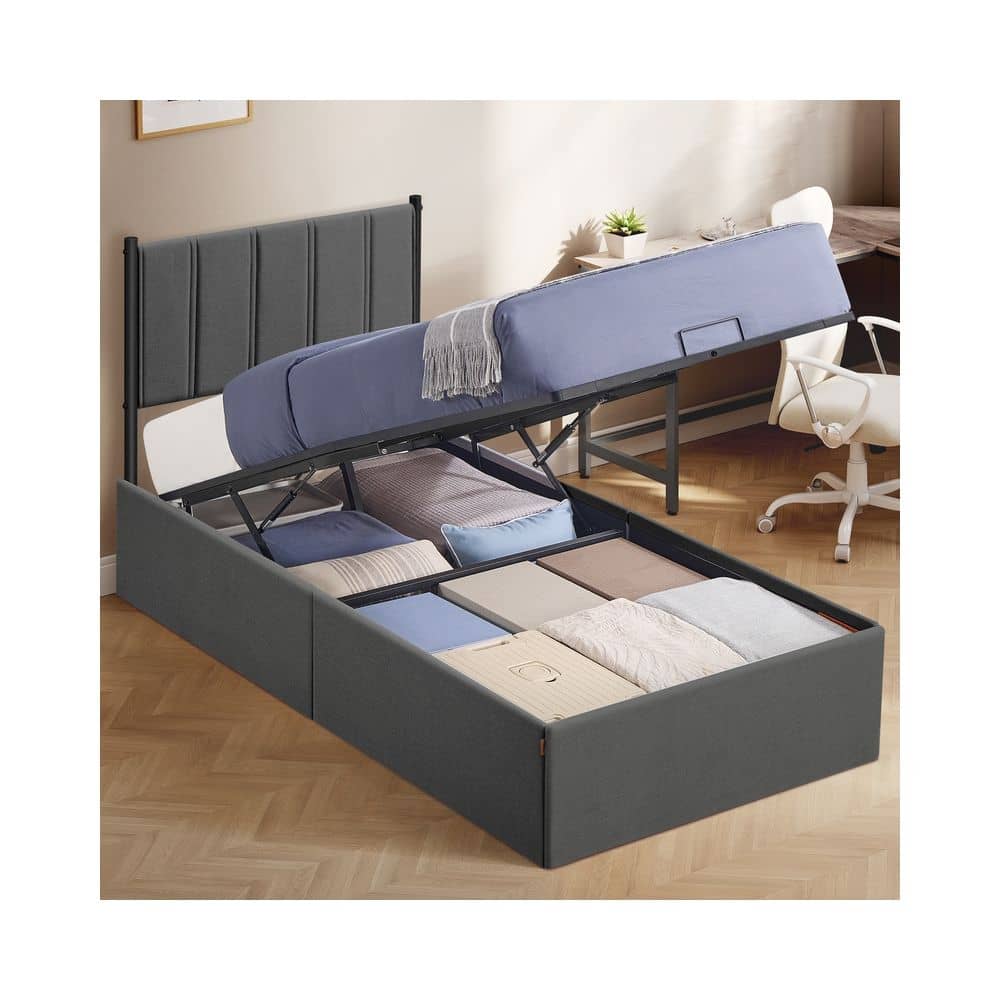 Bettgestell 90 x 200 cm Hydrauliksystem Unterbettaufbewahrung dunkelgrau