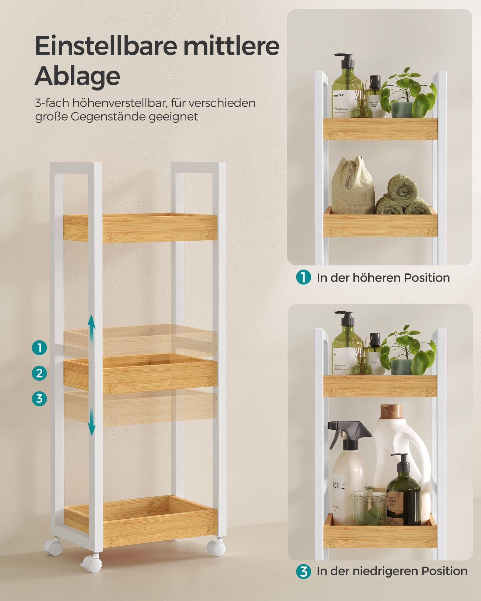 Badezimmerregal mit 3 Ebenen schmal platzsparend weiß-naturfarben Badezimmerregal mit 3 Ebenen schmal platzsparend weiß-naturfarben