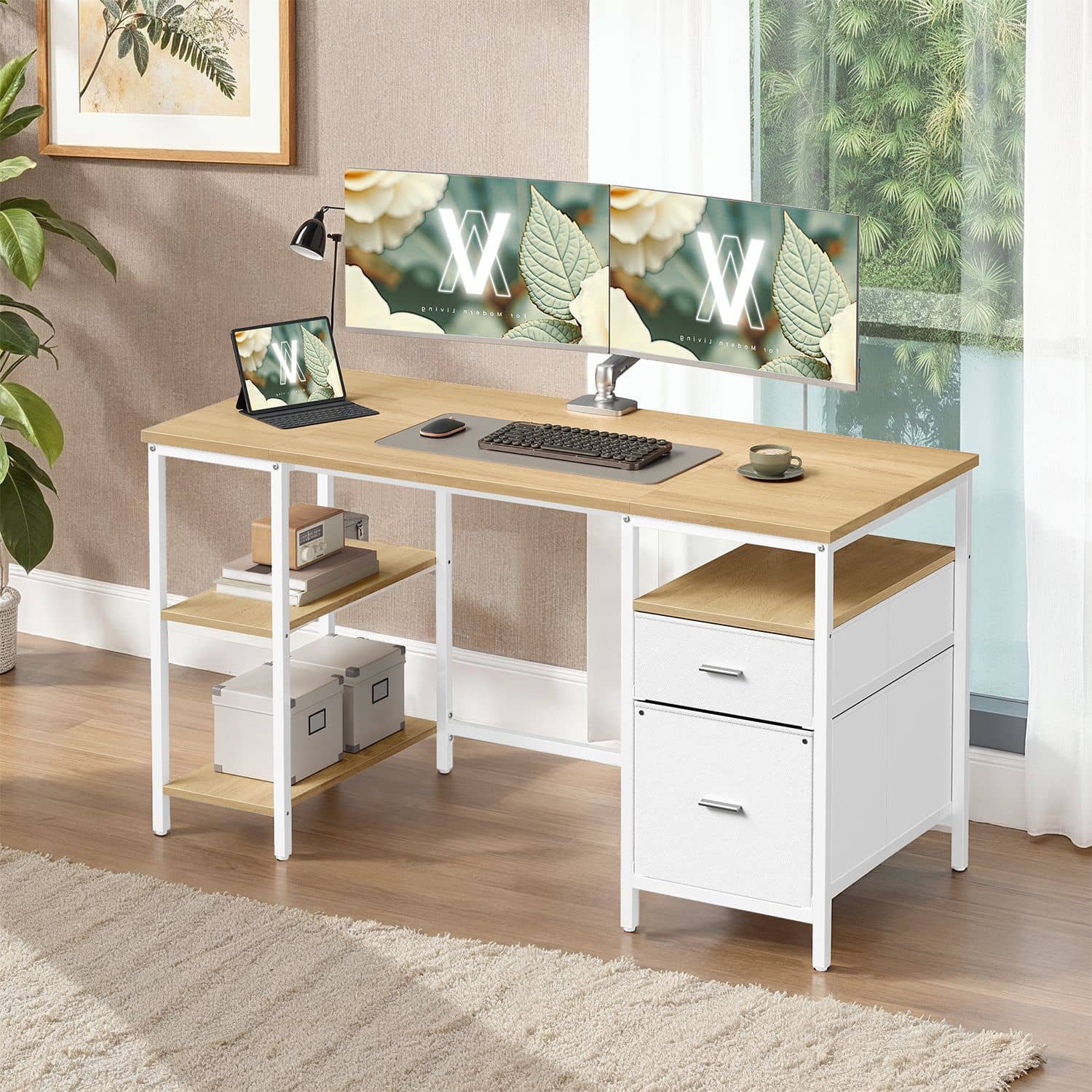 Computertisch mit 3 Ablagen und 2 Schubladen natureichenfarben-perlweiß Computertisch mit 3 Ablagen und 2 Schubladen natureichenfarben-perlweiß