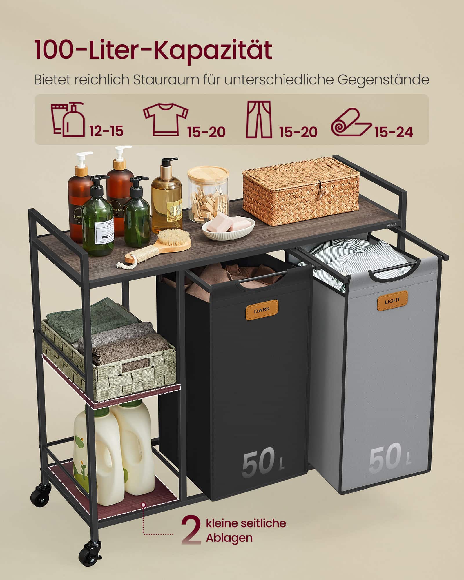 Wäschekorb 2 Fächer kastanienbraun-tintenschwarz-taubengrau