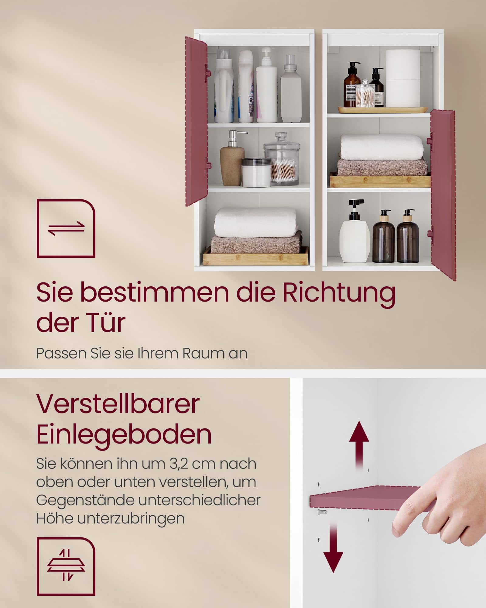 Badezimmerschrank hängend mit Tür und verstellbarer Ablage Badezimmerschrank hängend mit Tür und verstellbarer Ablage