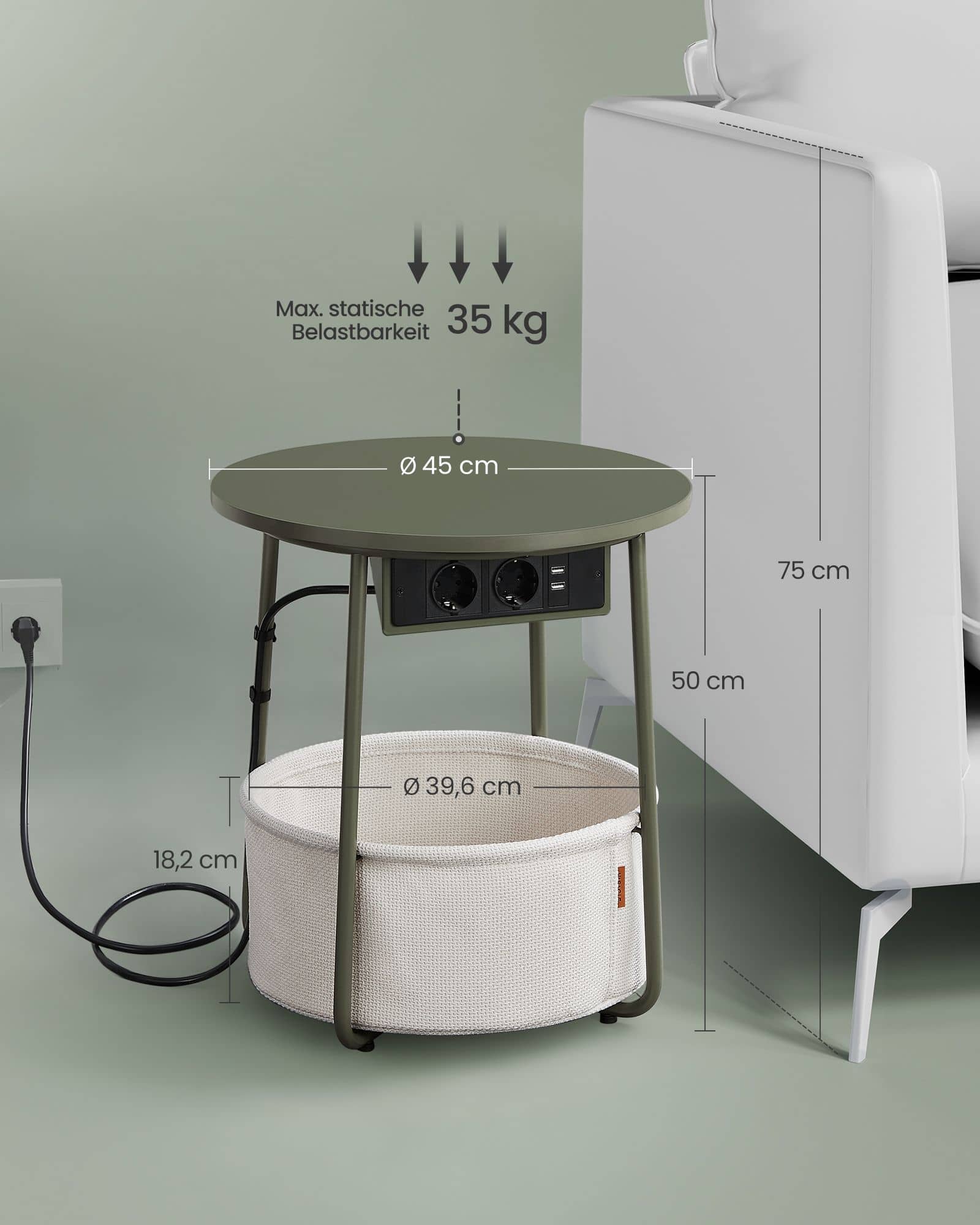 Beistelltisch mit Ladestation und Steckdose waldgrün-cremeweiß Beistelltisch mit Ladestation und Steckdose waldgrün-cremeweiß