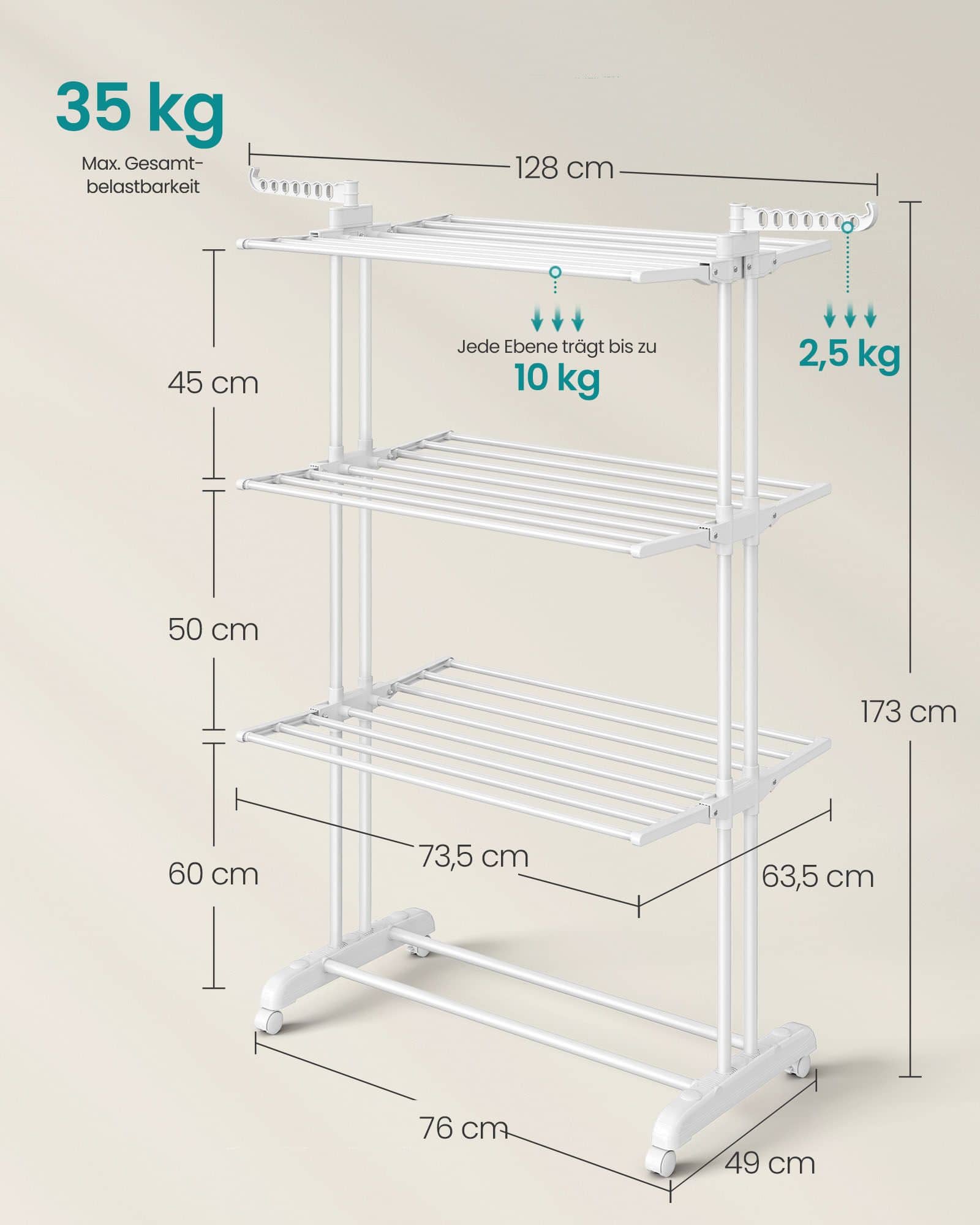 Wäscheständer mit 4 Ebenen und Rollen wolkenweiß Wäscheständer mit 4 Ebenen und Rollen wolkenweiß