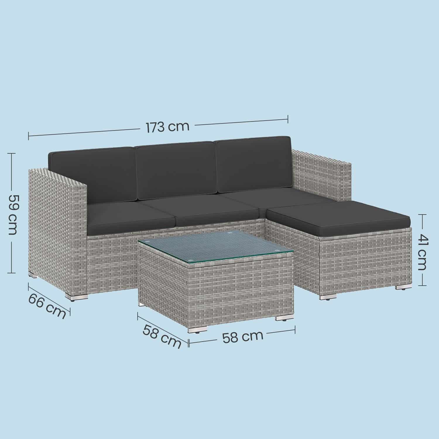 Gartenmöbel-Set, Terrassenmöbel aus PE-Polyrattan, Balkonmöbel mit Kissen und Glastisch Gartenmöbel-Set, Terrassenmöbel aus PE-Polyrattan, Balkonmöbel mit Kissen und Glastisch